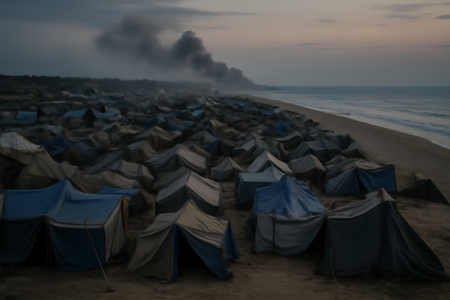 Tents crowded along a sandy coastal stretch in southern Gaza's al-Mawasi area under an overcast sky