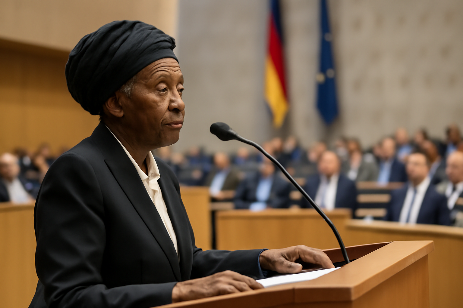 Elderly South African woman in formal attire speaking at a podium with a crowd listening