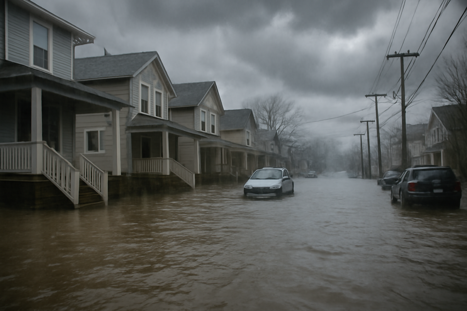 Flooded residential street in New Jersey with standing water reaching porch steps under a gray storm sky