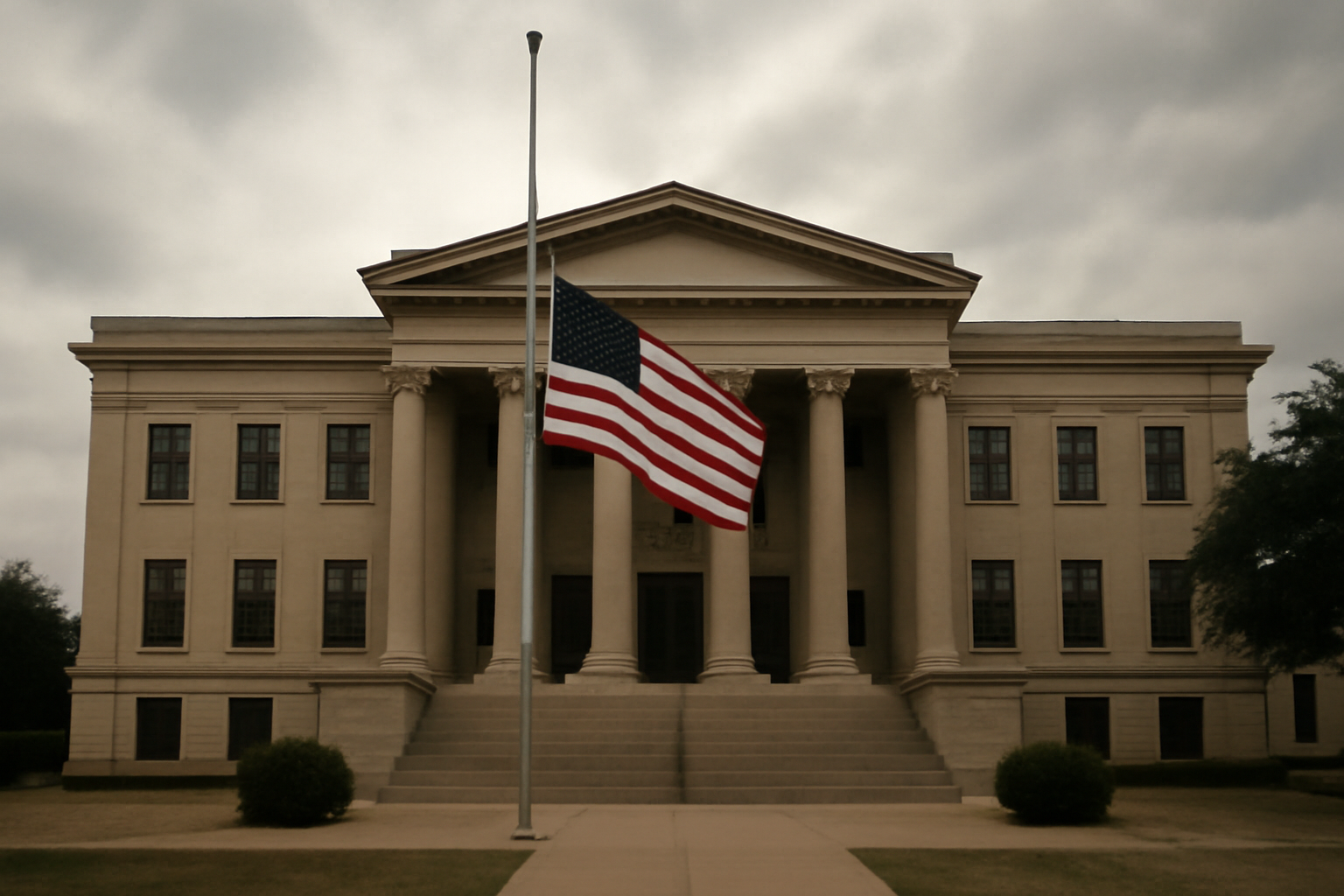 Exterior of a military courtroom building with American flag at Fort Hood, Texas