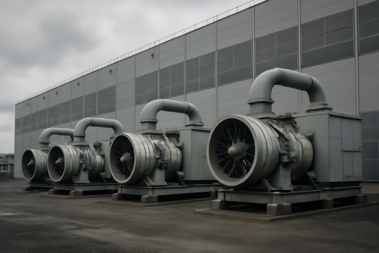 Rows of industrial gas turbines beside a large data center building under a hazy sky