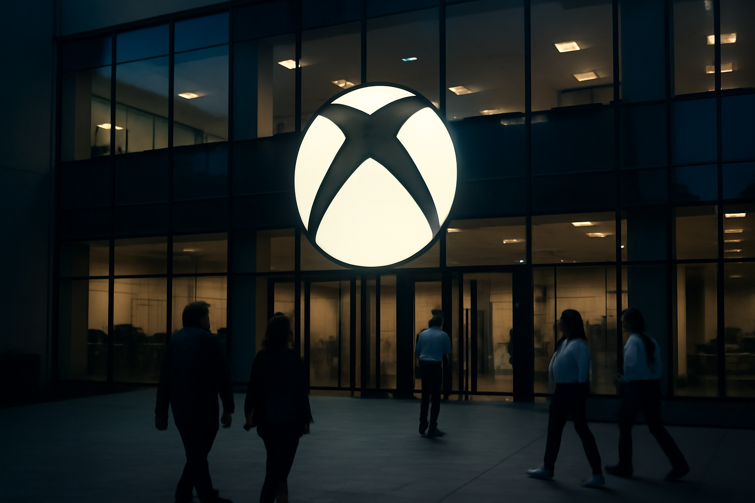 Xbox logo displayed on a dark office building facade with employees walking past