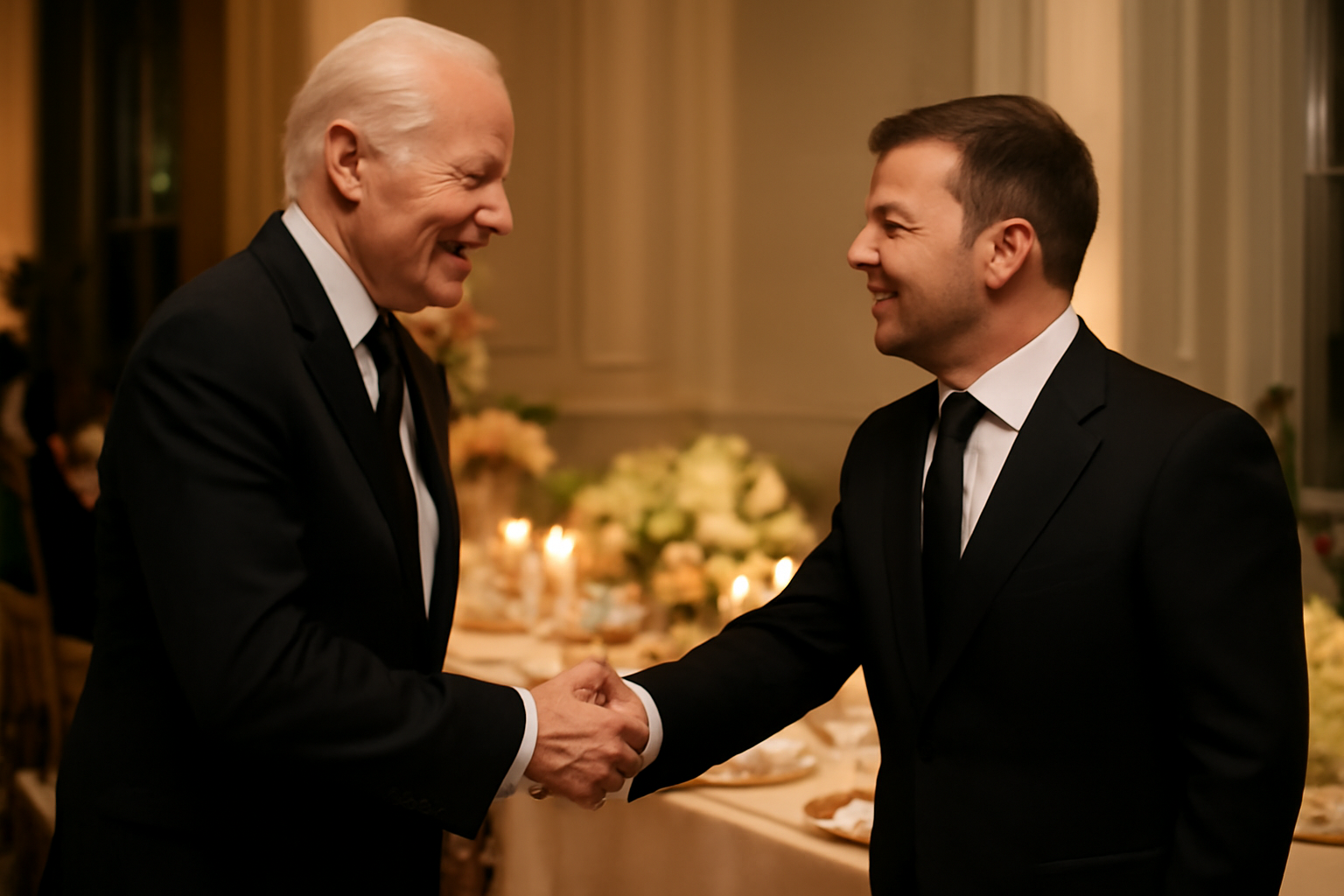 Donald Trump and Xi Jinping shaking hands at a formal White House state dinner table setting
