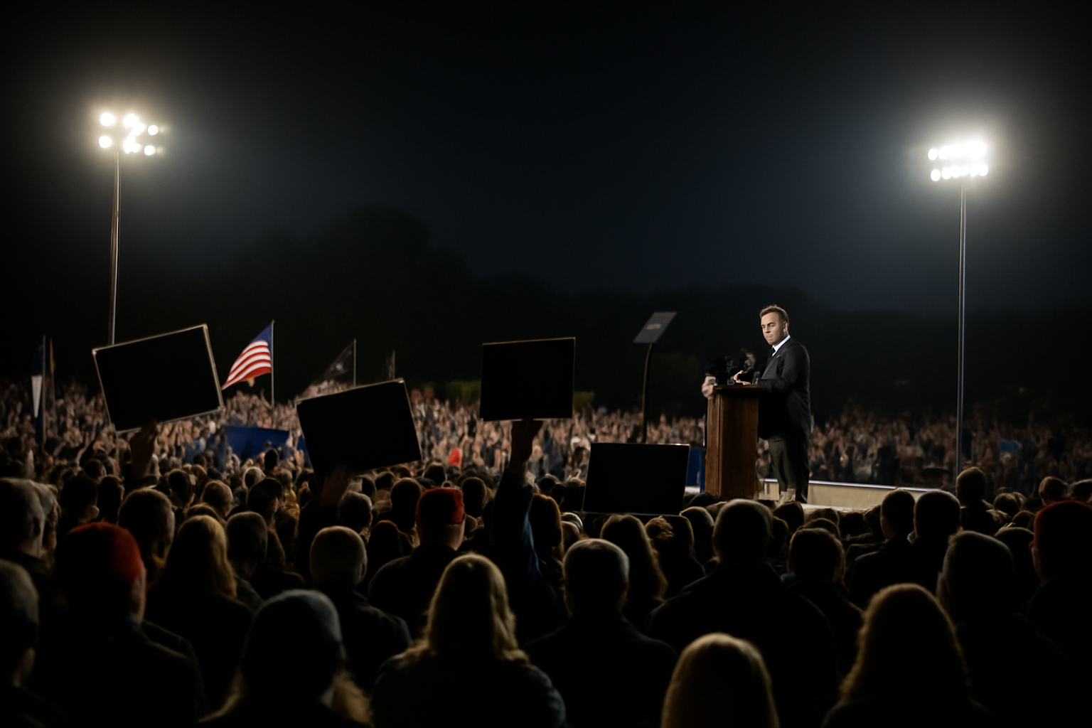 Crowd at a political rally holding signs under stage lighting at night
