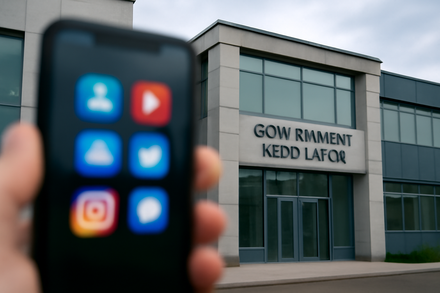 Smartphone displaying generic social media app icons next to a UK government regulatory building facade