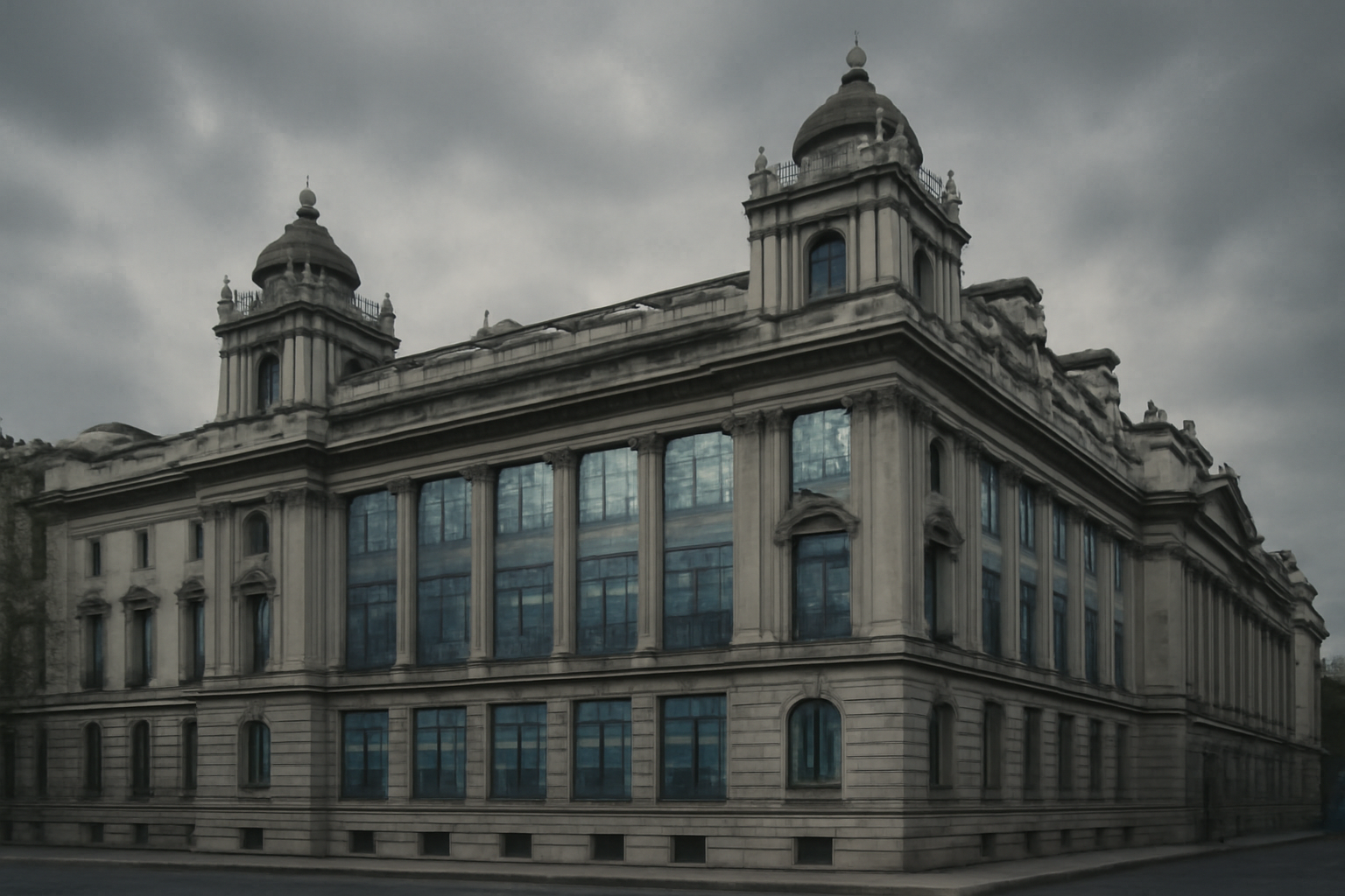 Exterior of a UK government building with a data center server rack overlay motif