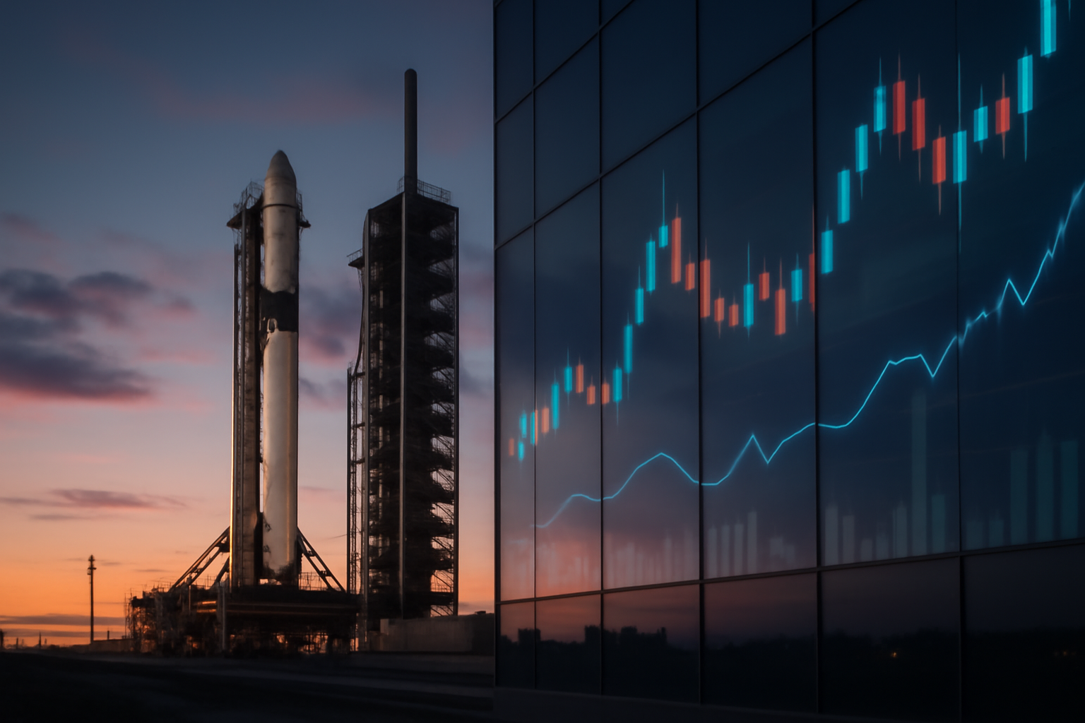Rocket on a launch pad at dusk with a stock ticker graphic overlay