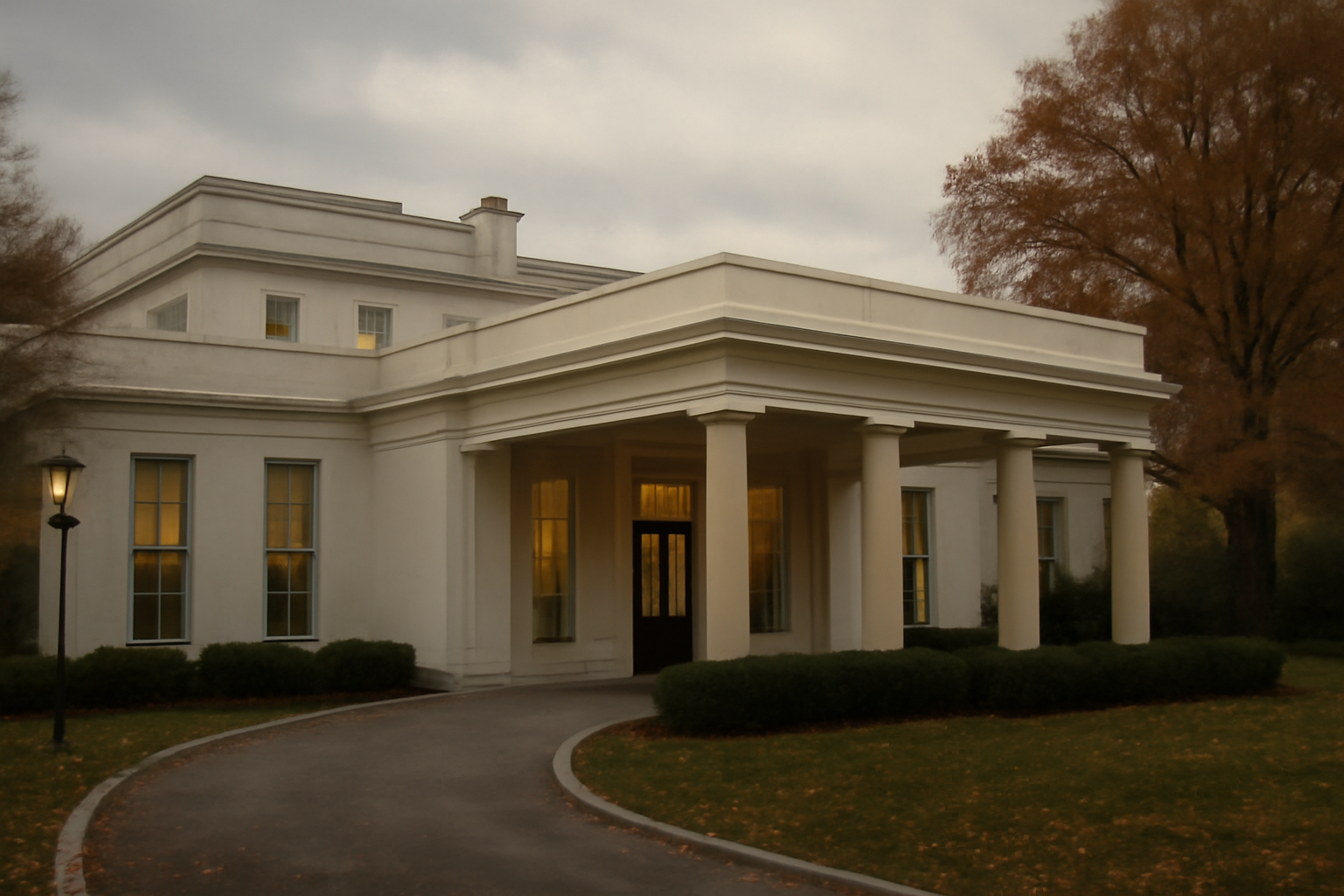 Exterior of the White House West Wing under an overcast October sky