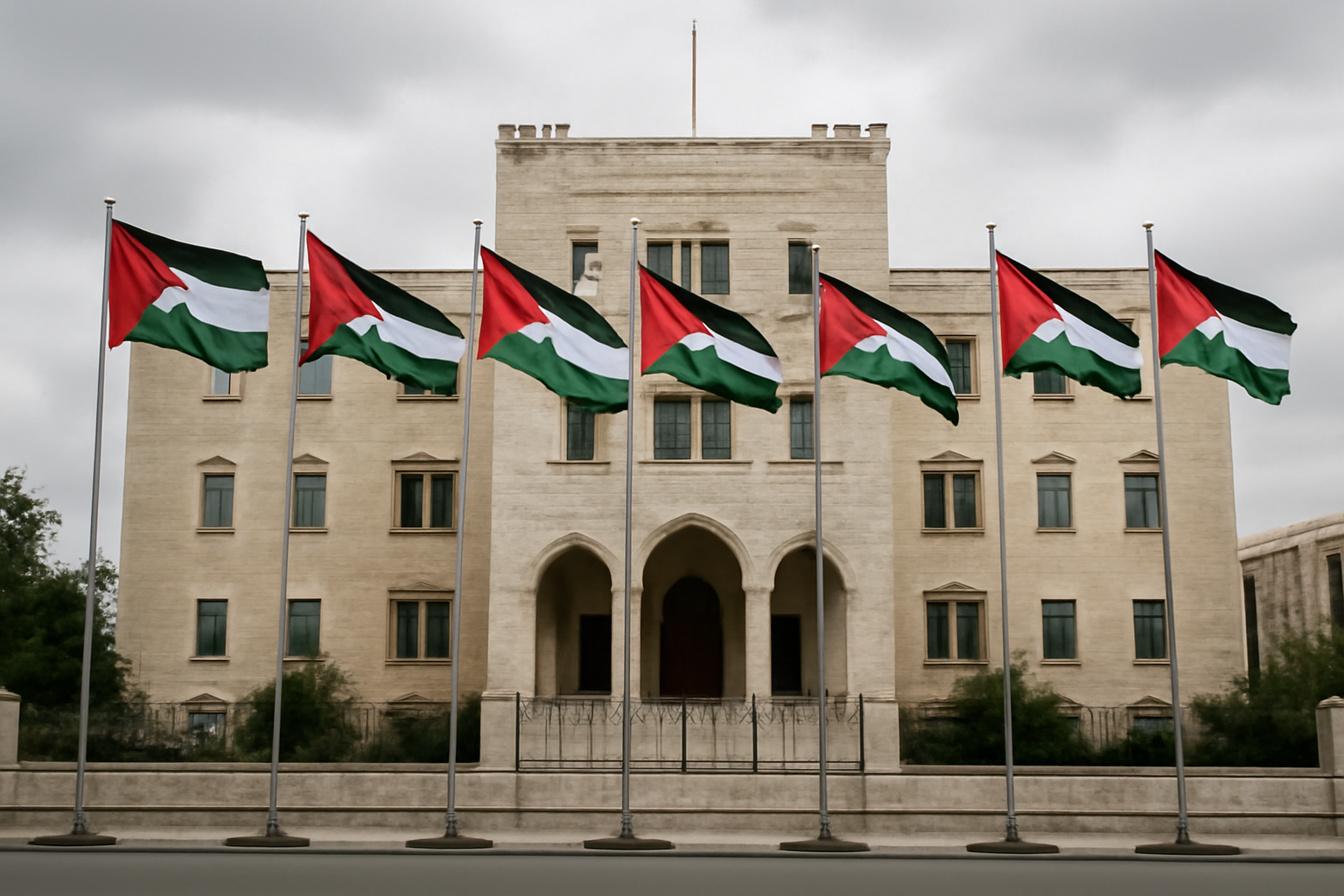 Exterior of the Palestinian Authority headquarters building in Ramallah with flags visible