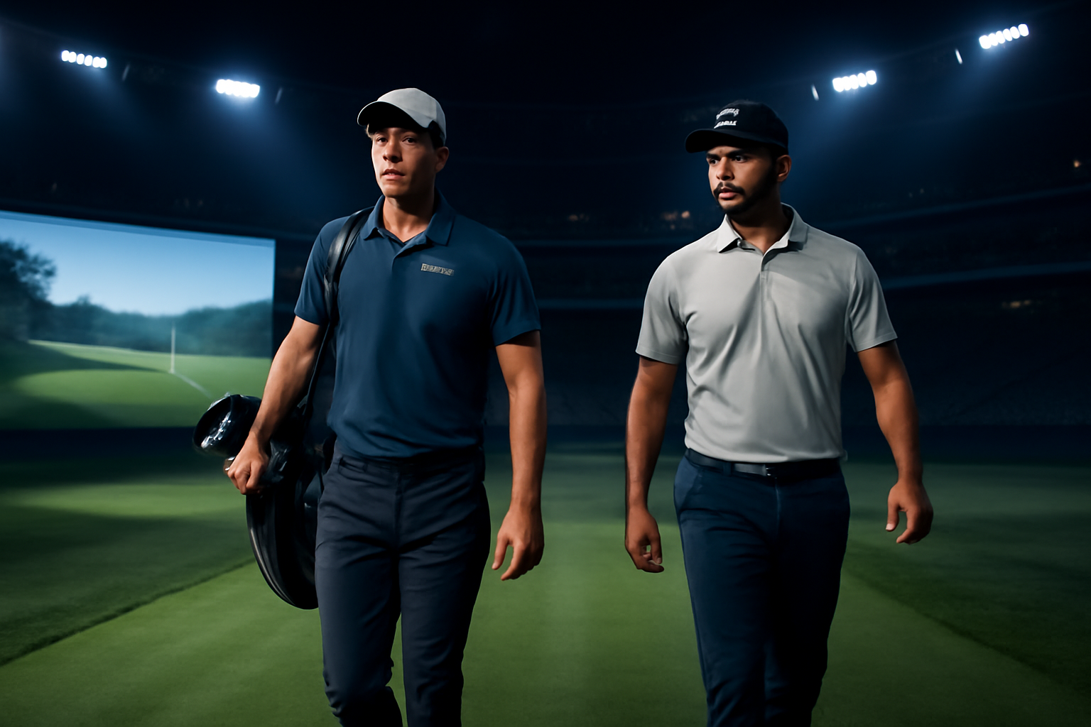 Golfer walking on an indoor TGL course fairway under stadium lighting