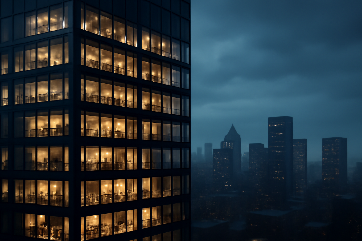 A modern corporate high-rise office tower at dusk, symbolizing a large multinational conglomerate headquarters