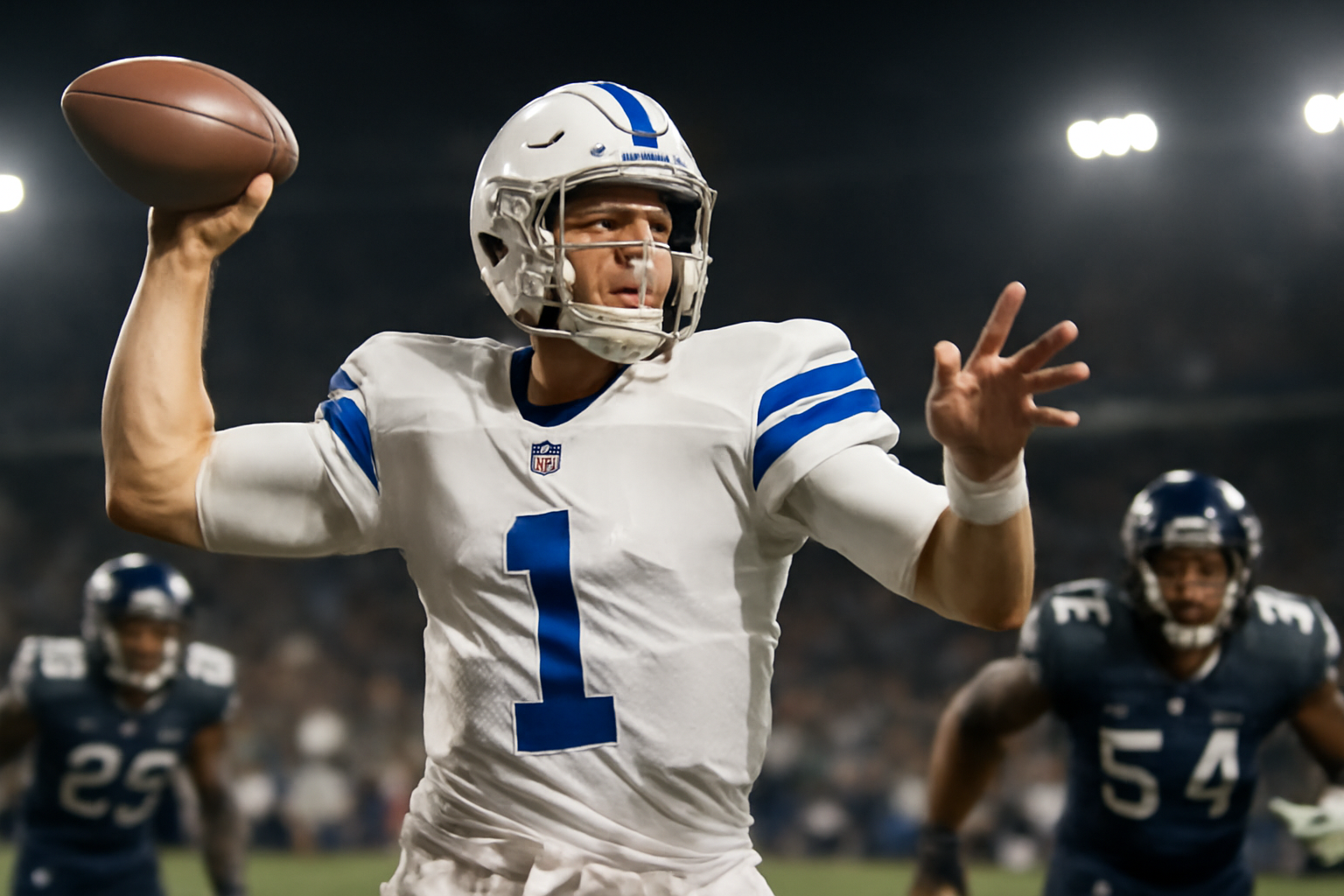 Los Angeles Rams quarterback in white and blue uniform releasing a pass downfield under stadium lights