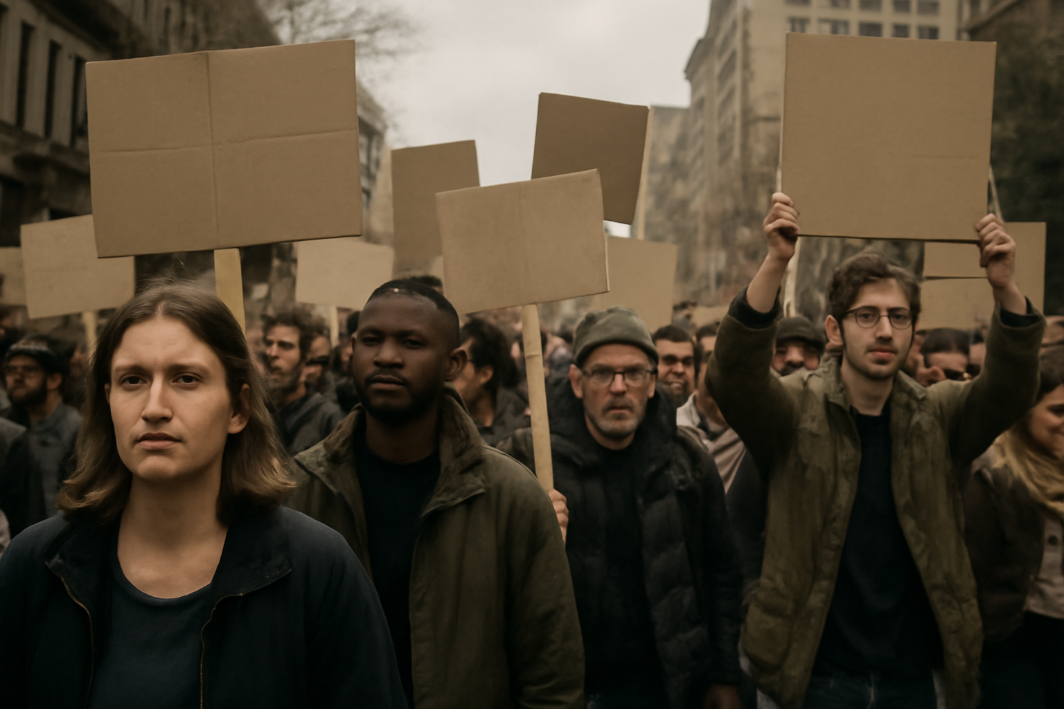 Protesters march down a city street carrying handmade signs during a daytime political demonstration.