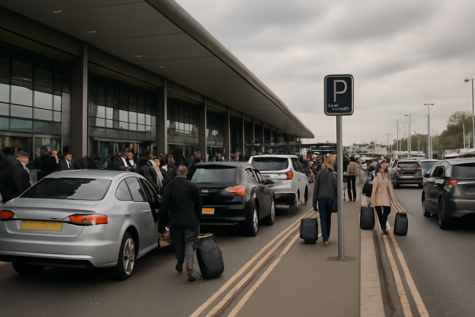 Cars queued in a short-term drop-off lane outside a UK airport terminal with a pay-and-display sign