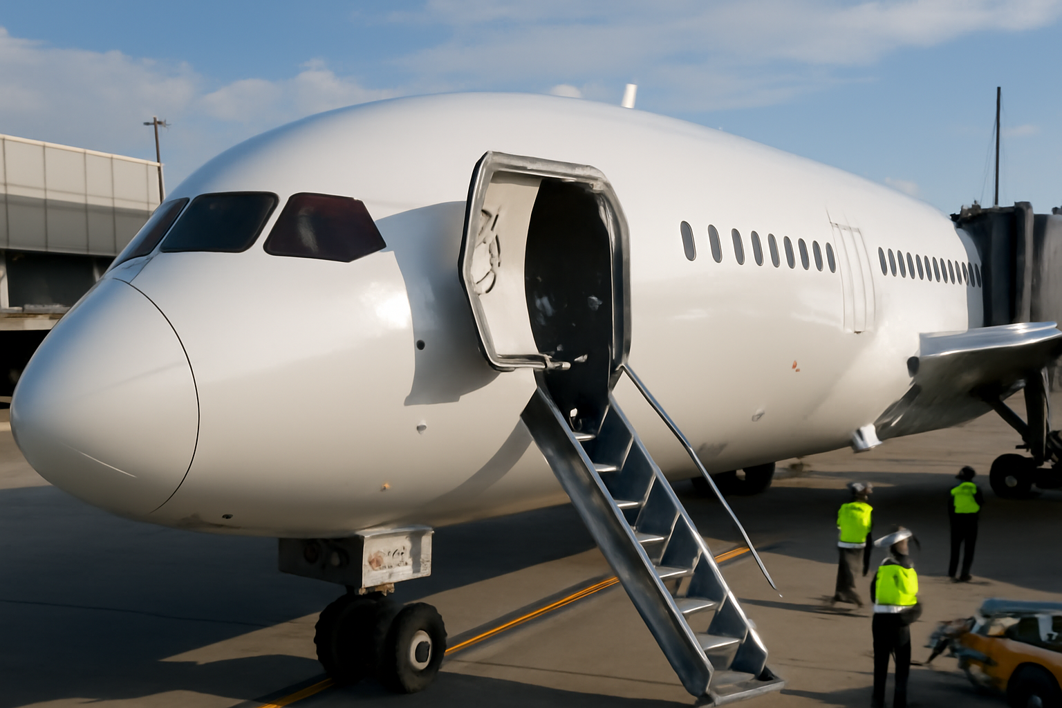 Boeing 787 Dreamliner parked at an airport gate with economy class cabin interior visible through open door