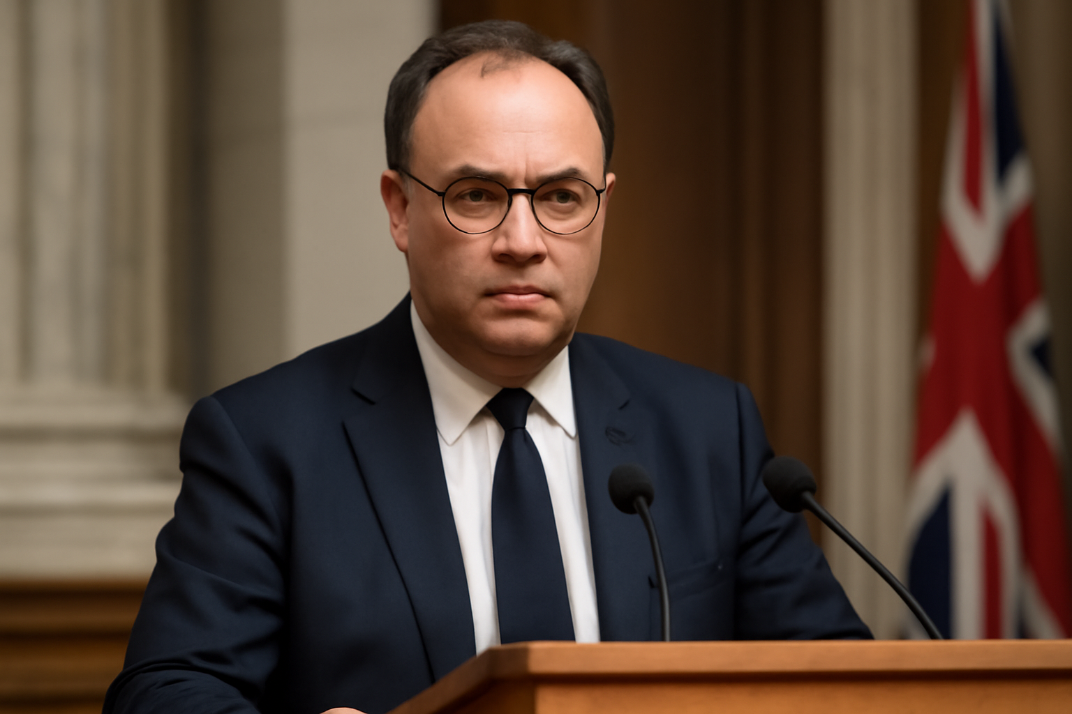 Bank of England Governor Andrew Bailey speaking at a podium in London