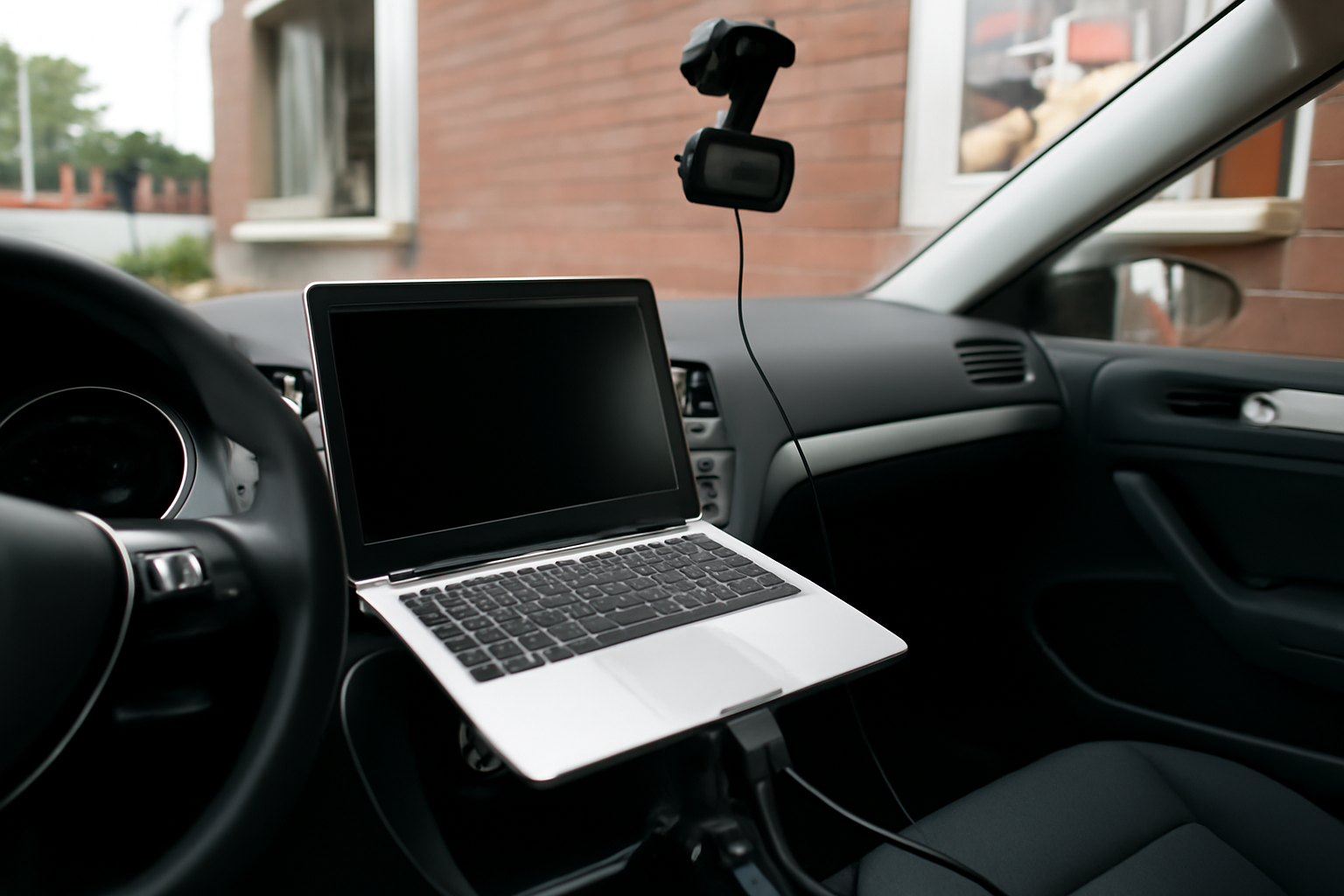 A hand holds a laptop connected to a car dashboard camera system while a Toyota Corolla sits in a drive-thru lane