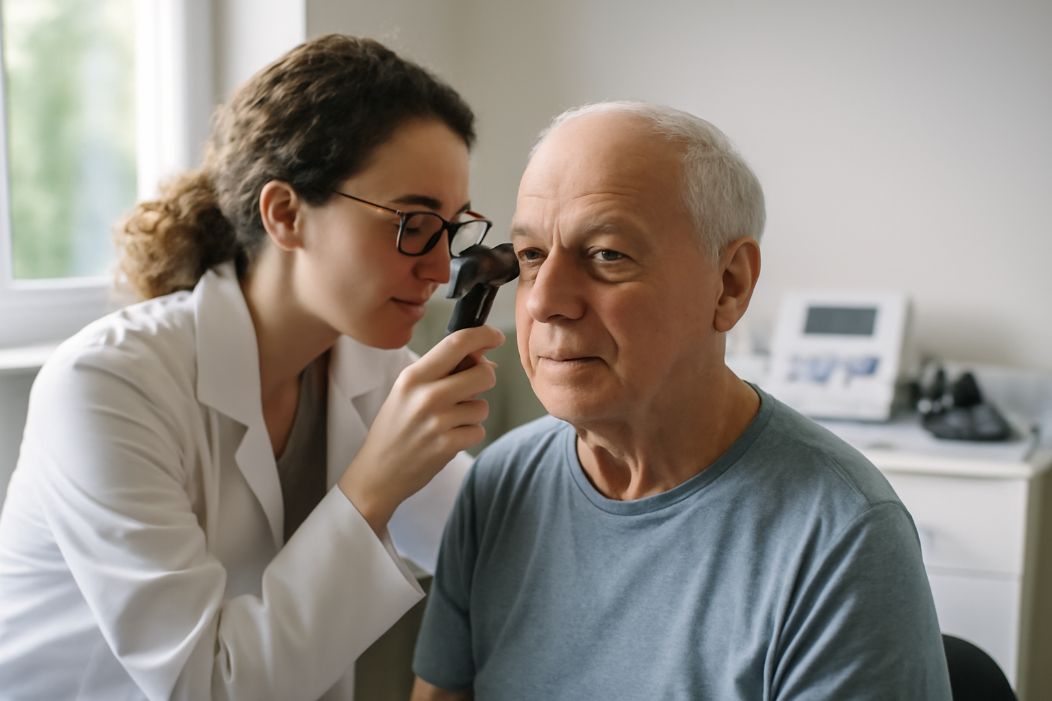 An audiologist examines an older patient's hearing and speech during a clinical consultation.