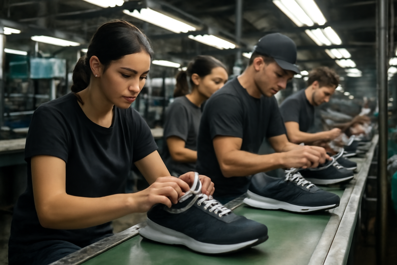 Workers assembling athletic shoes on a factory production line.