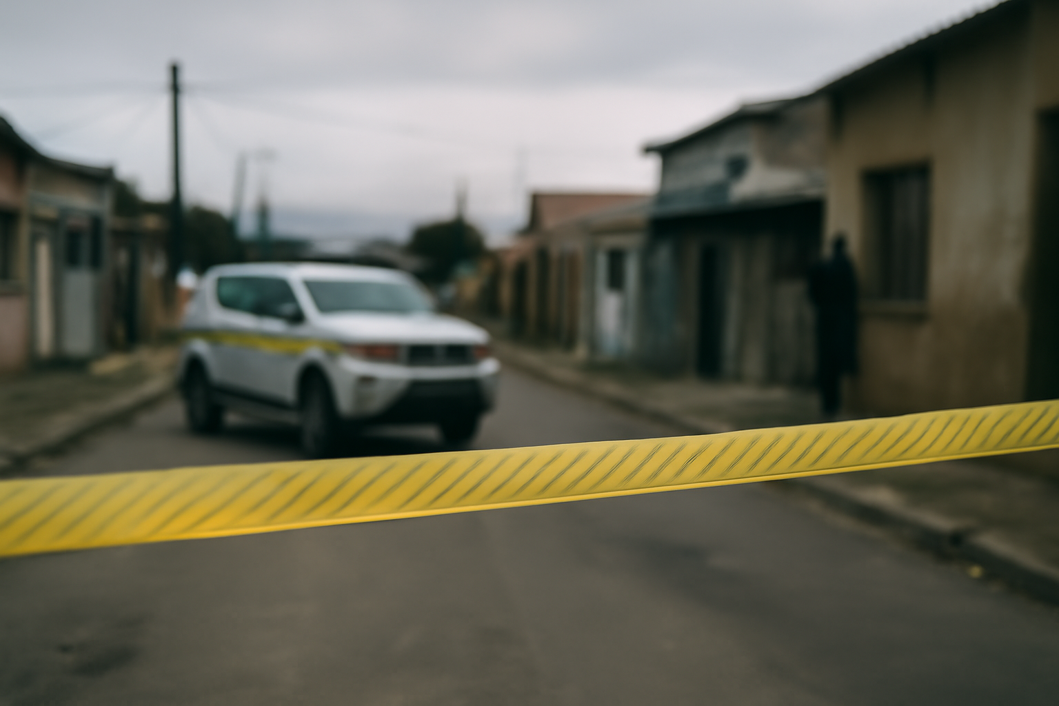 Police tape stretched across an outdoor area under an overcast sky in South Africa