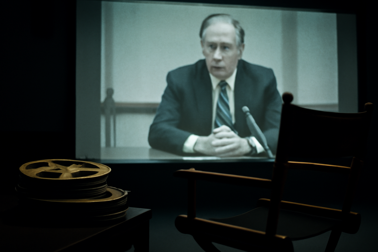 Documentary film still showing archival footage of Tesla executives in a deposition setting