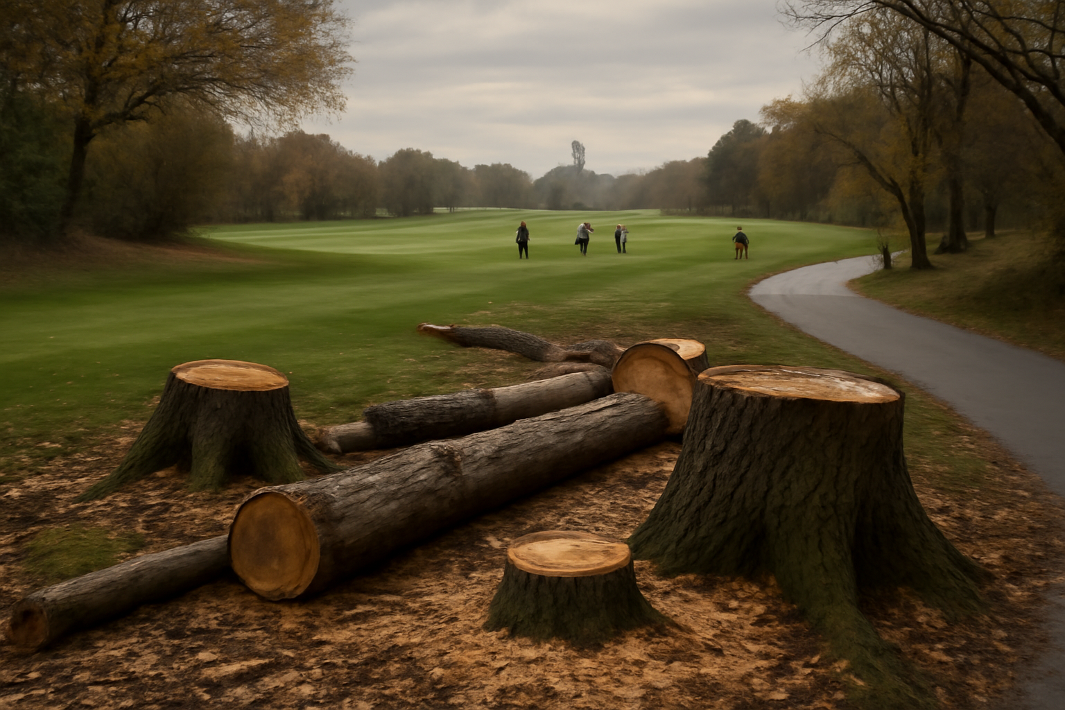 Workers and golfers near recently cut tree stumps at East Potomac golf course in Washington