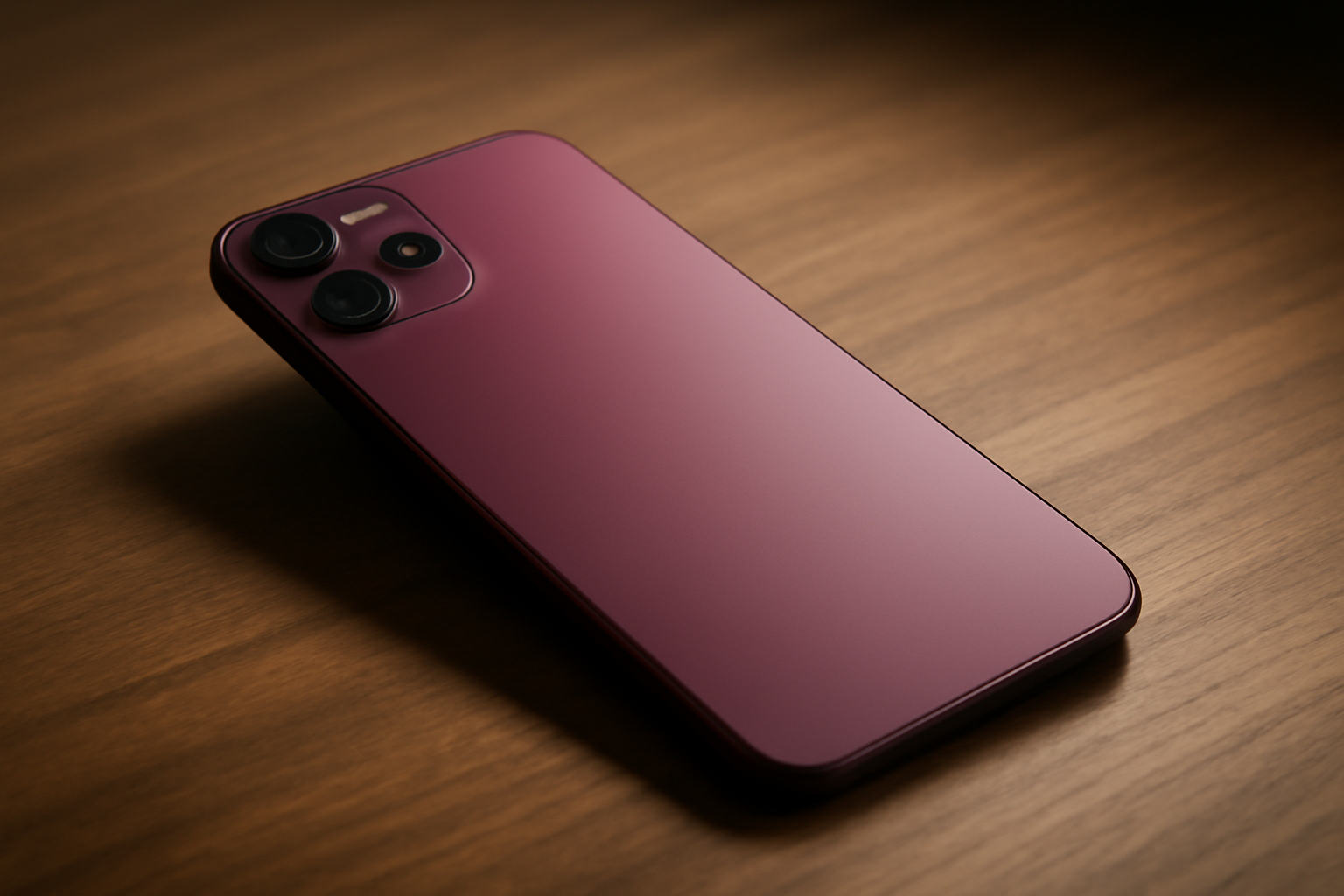 Apple iPhone 18 Pro smartphone in burgundy finish resting on a wooden desk