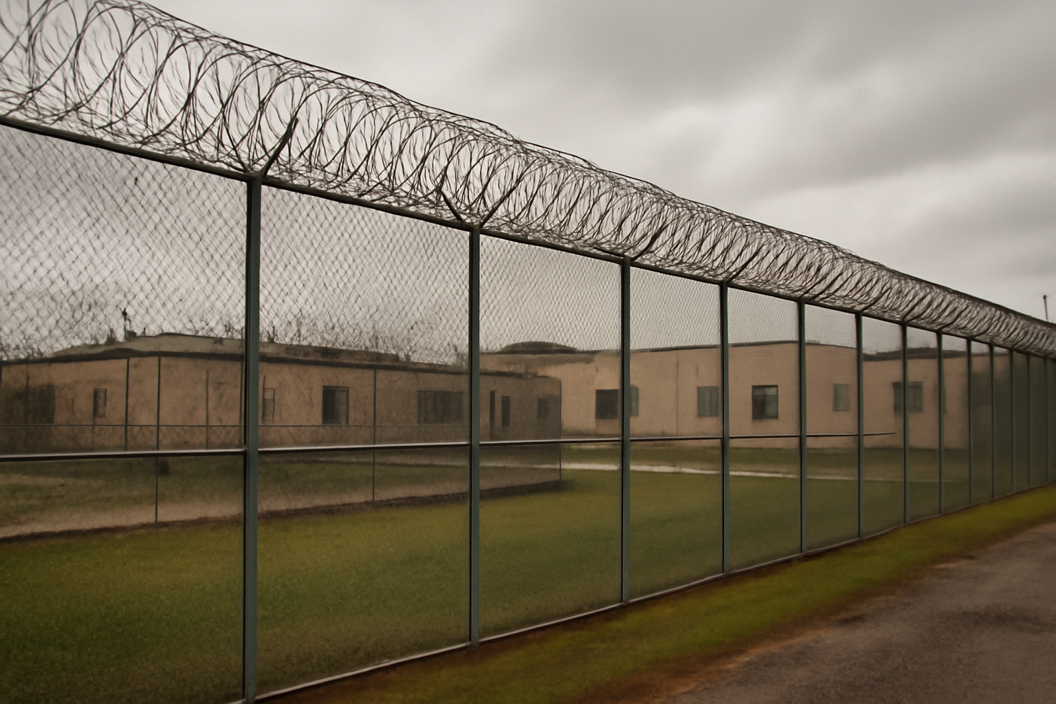 Detainees stand behind concertina wire fencing inside a Georgia ICE detention facility