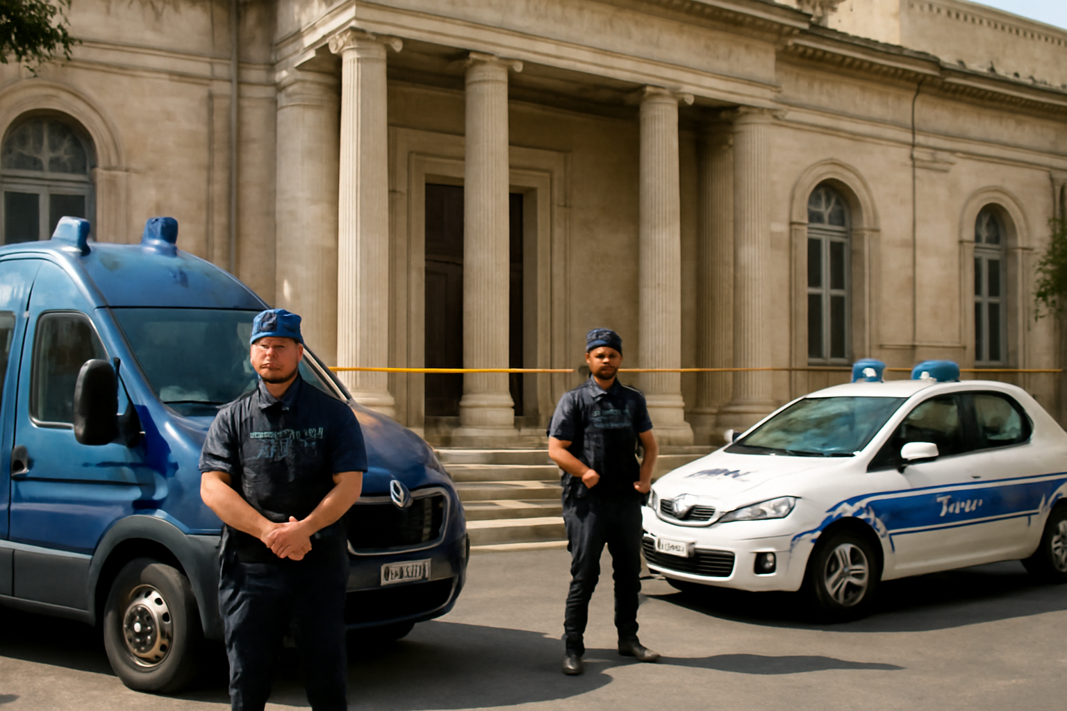 French police officers stand outside a stone museum building in southern France with security tape near the entrance