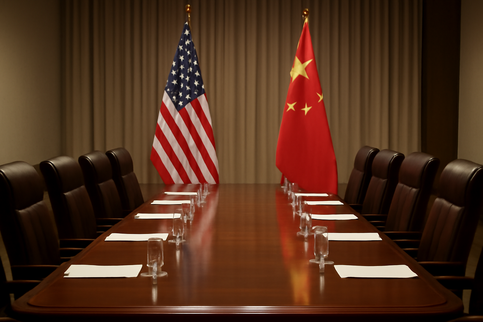 Empty conference table with American and Chinese flags positioned across from each other