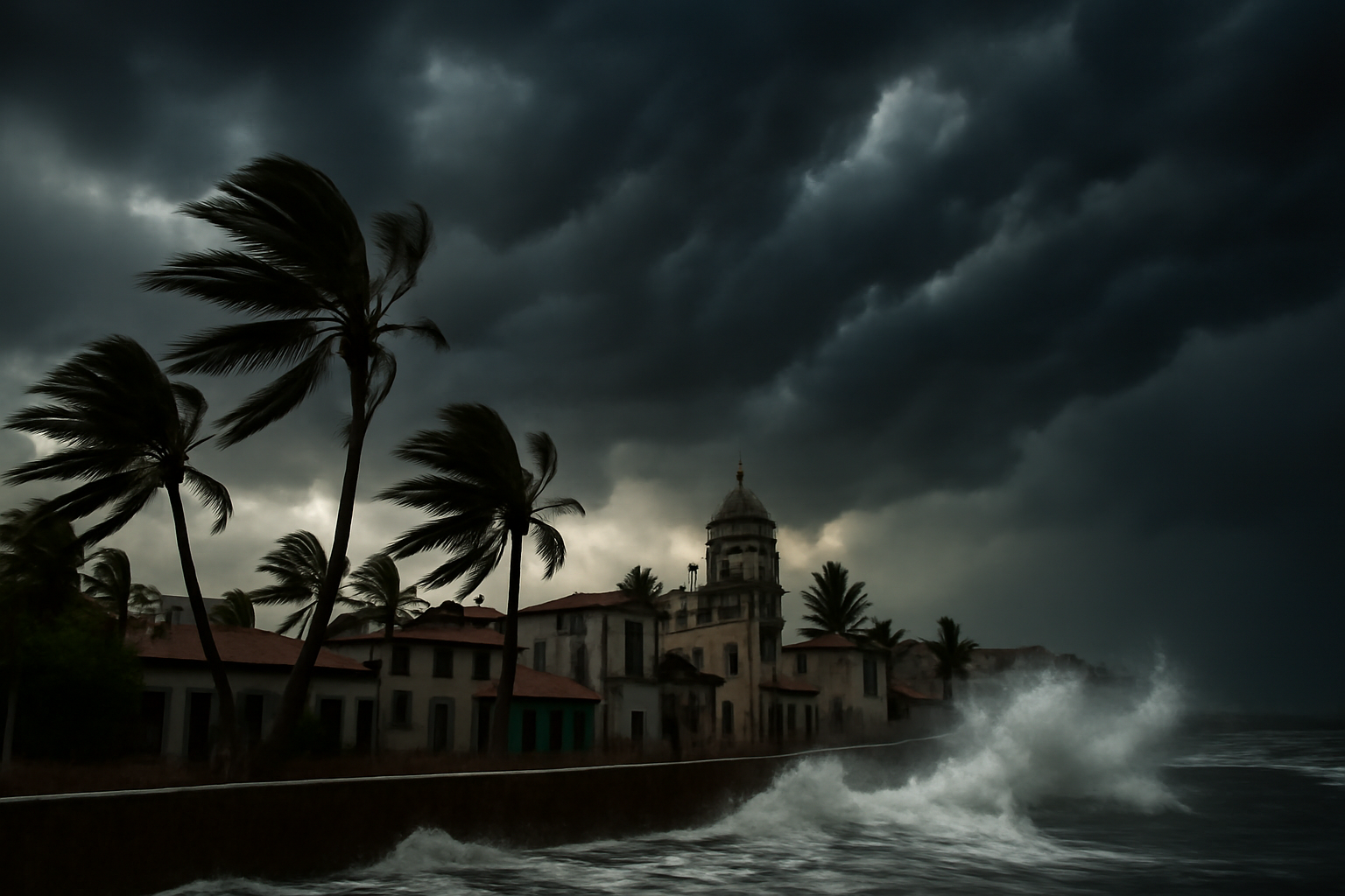 Dark storm clouds and rough surf along a Mexican coastal town ahead of a hurricane warning
