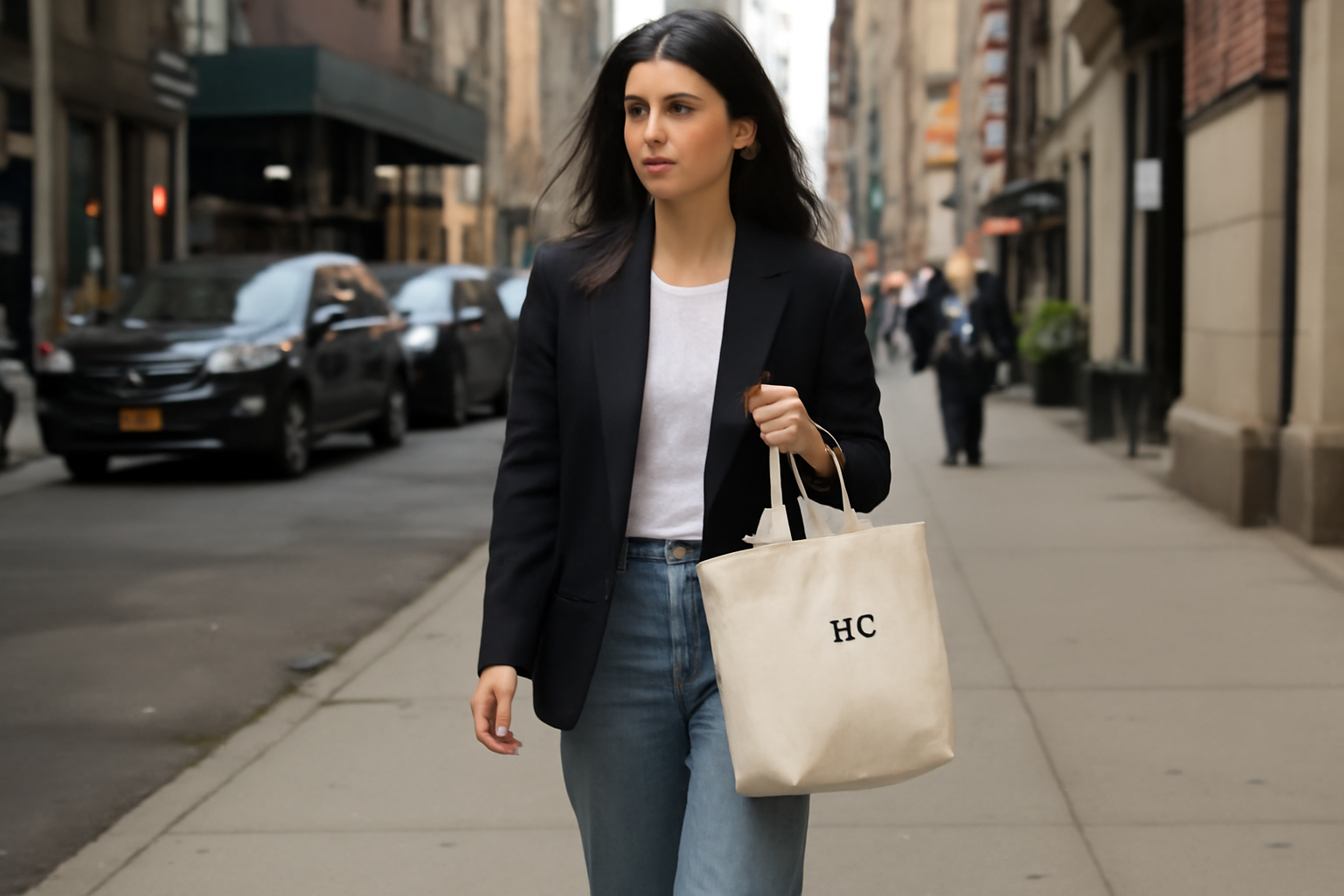 Woman in black blazer and jeans carrying a natural canvas tote bag with monogrammed initials on a city sidewalk