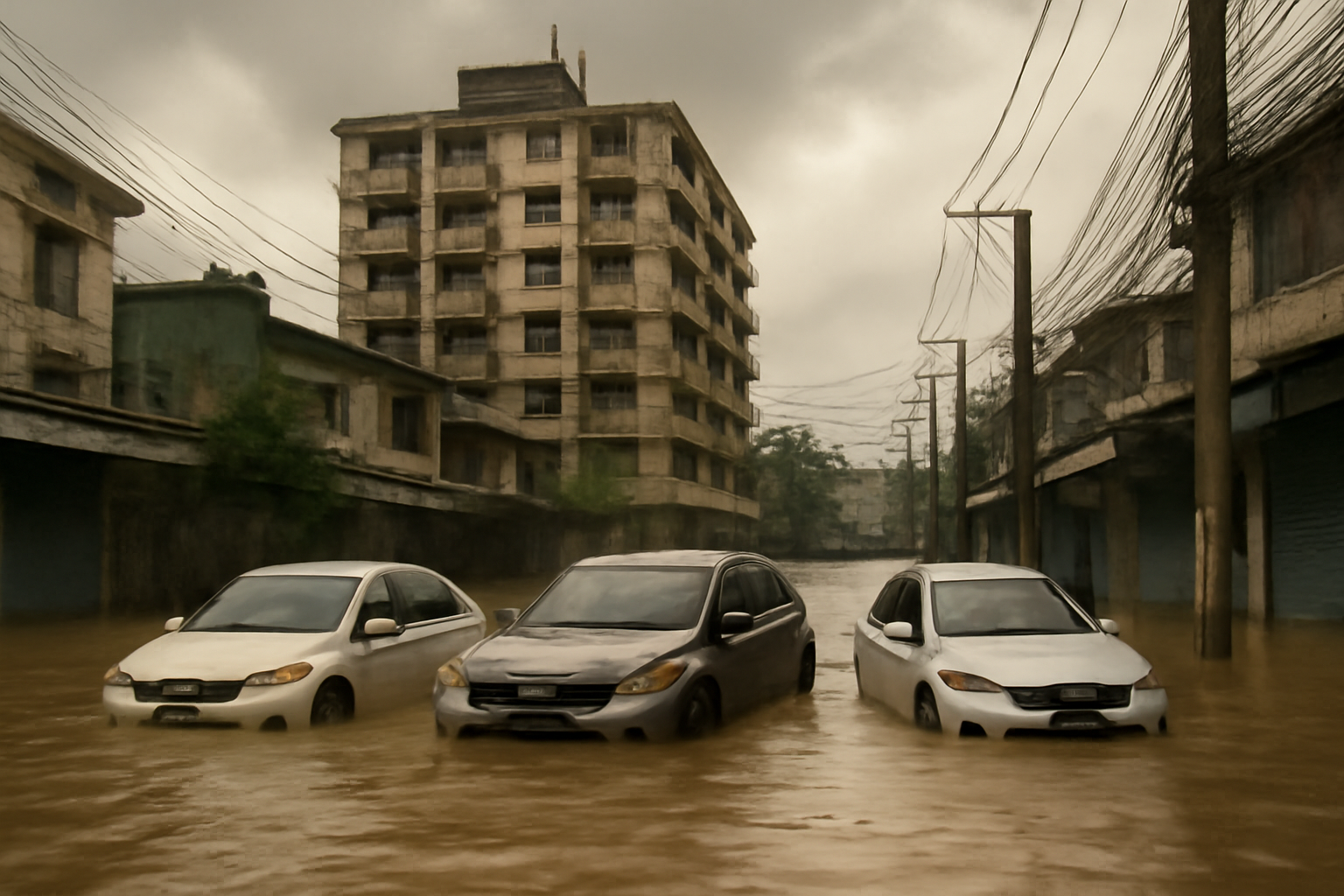 Floodwater covering a residential street in Bangkok with partially submerged parked cars and a multi-story apartment block in the background.