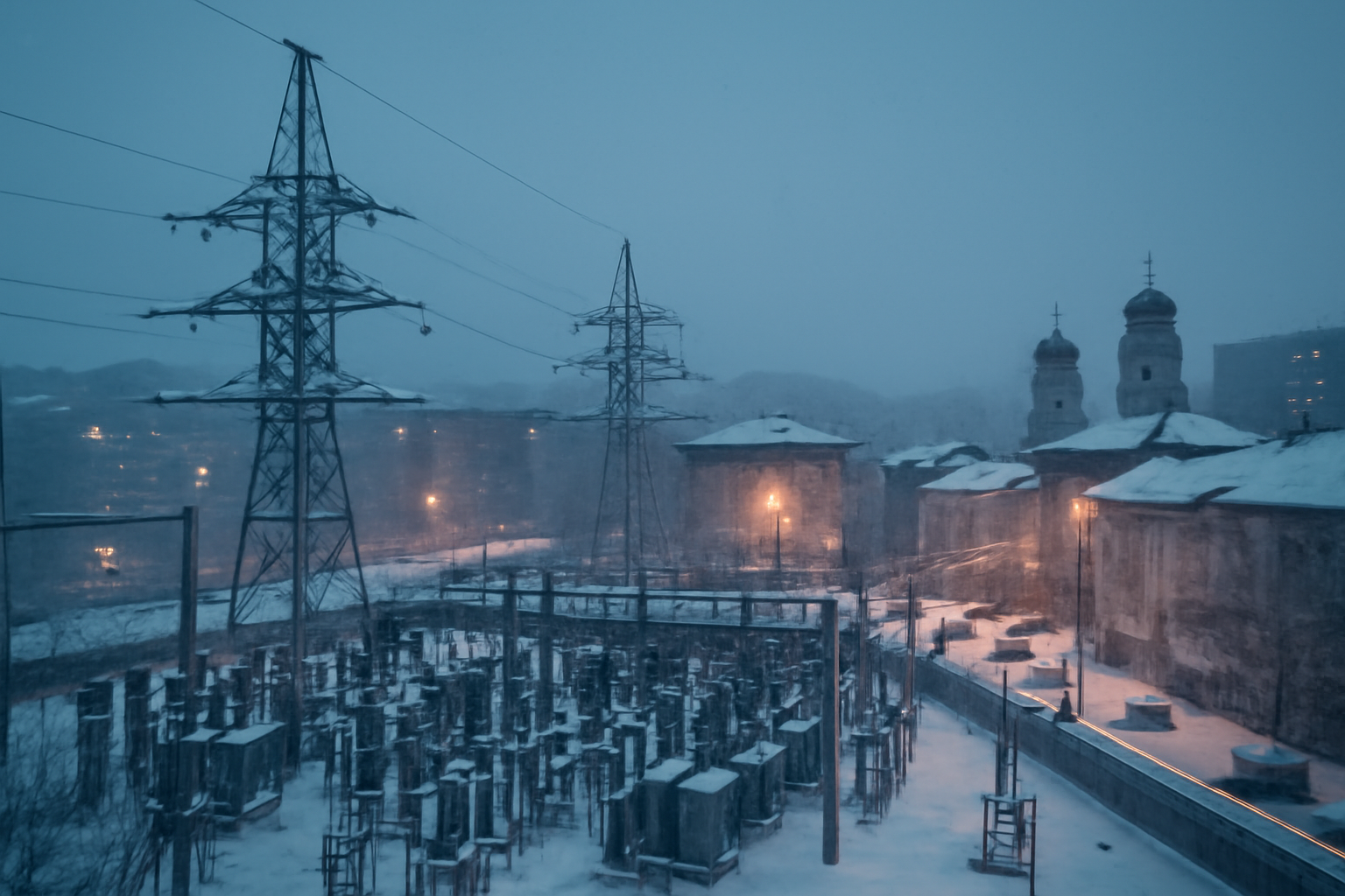 Snow falling over a Ukrainian city power substation at dusk