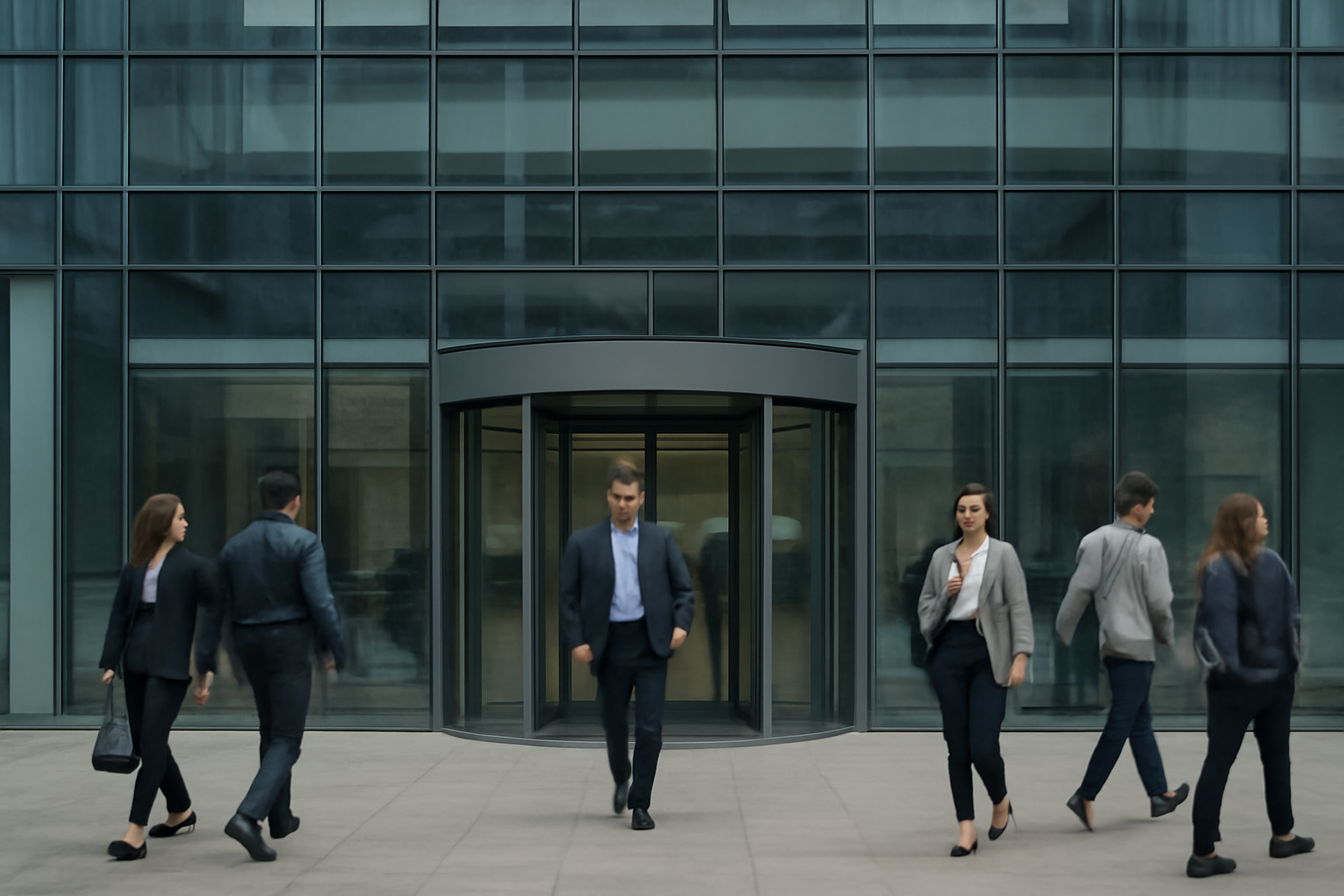 Exterior of an OpenAI office building with employees walking past glass doors