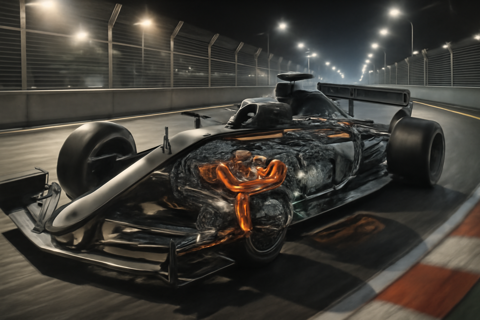 Formula 1 car exiting a turn on the Baku street circuit with turbo hybrid engine exposed in a cutaway illustration