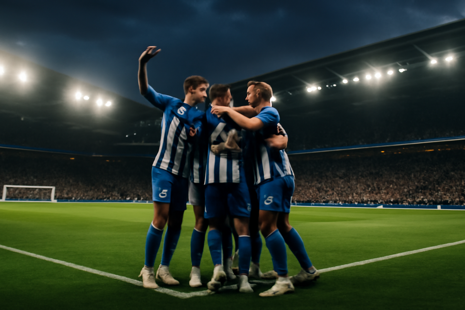 Brighton and Hove Albion players celebrating a goal on a Premier League pitch