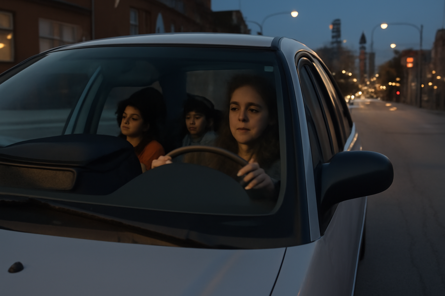 Woman driving at dusk in Chicago with two children buckled in the back seat and a food-delivery bag on the passenger seat