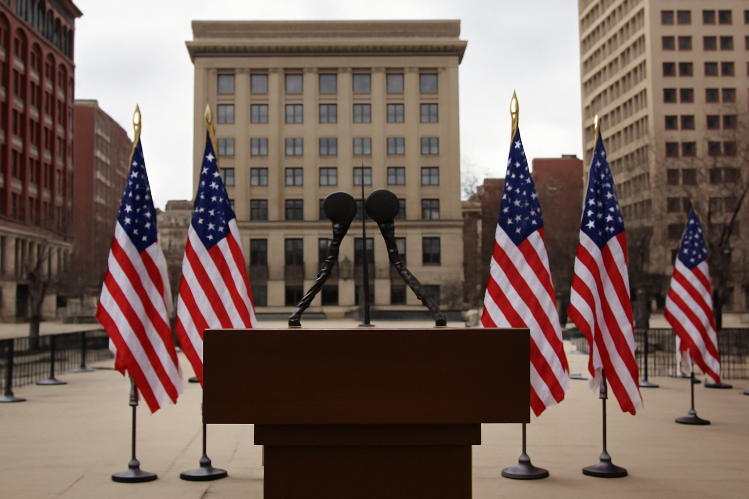 A podium and American flags set up outdoors for a presidential campaign event under an overcast sky