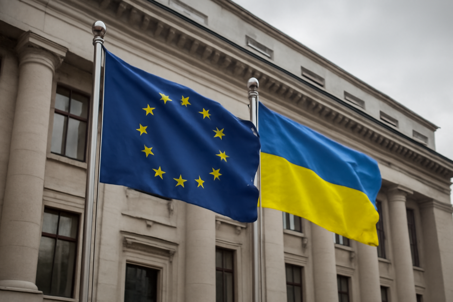 European Union and Ukrainian flags displayed together outside a government finance building
