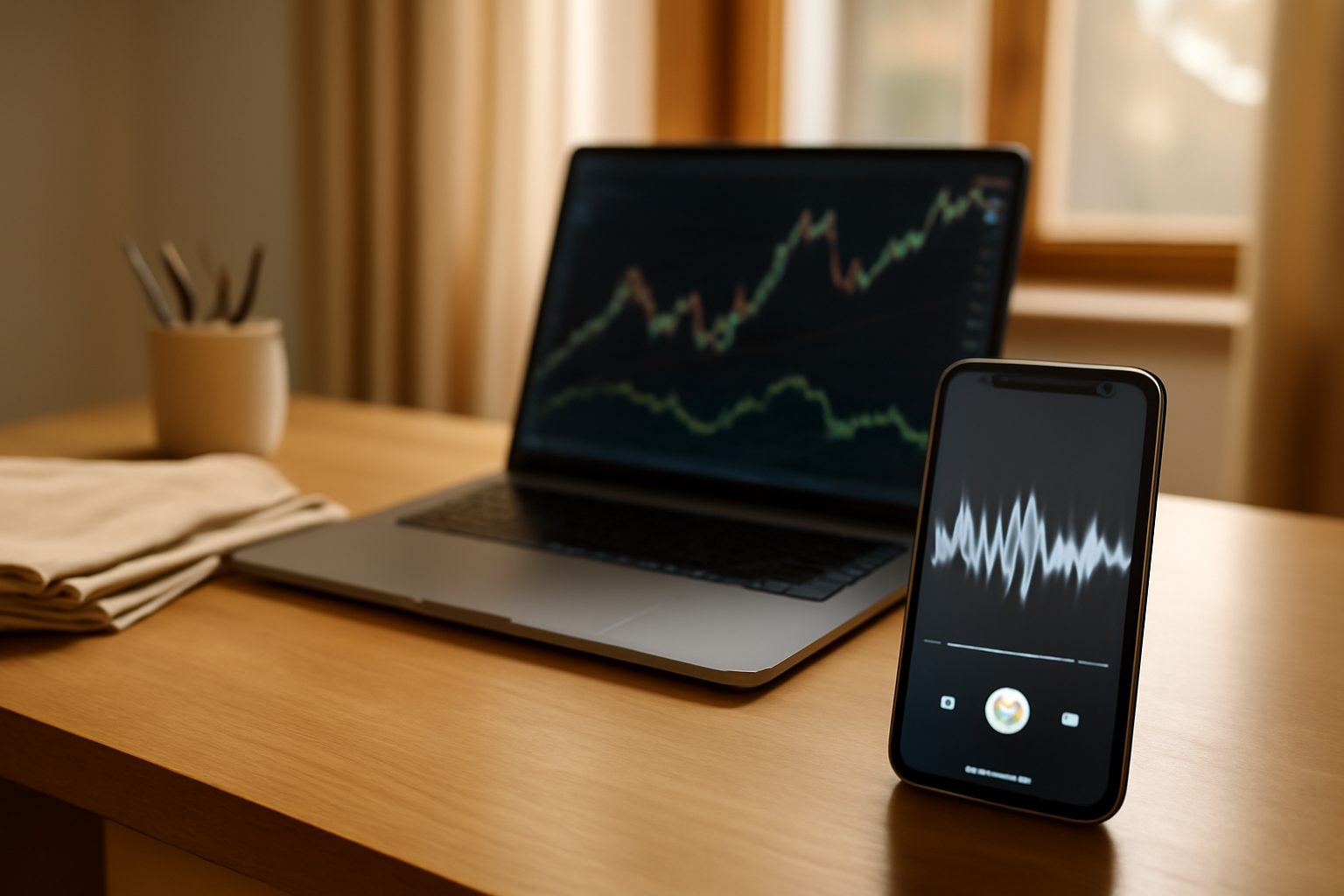 A smartphone playing a financial podcast next to stacked newspapers and a laptop showing stock charts on a wooden desk