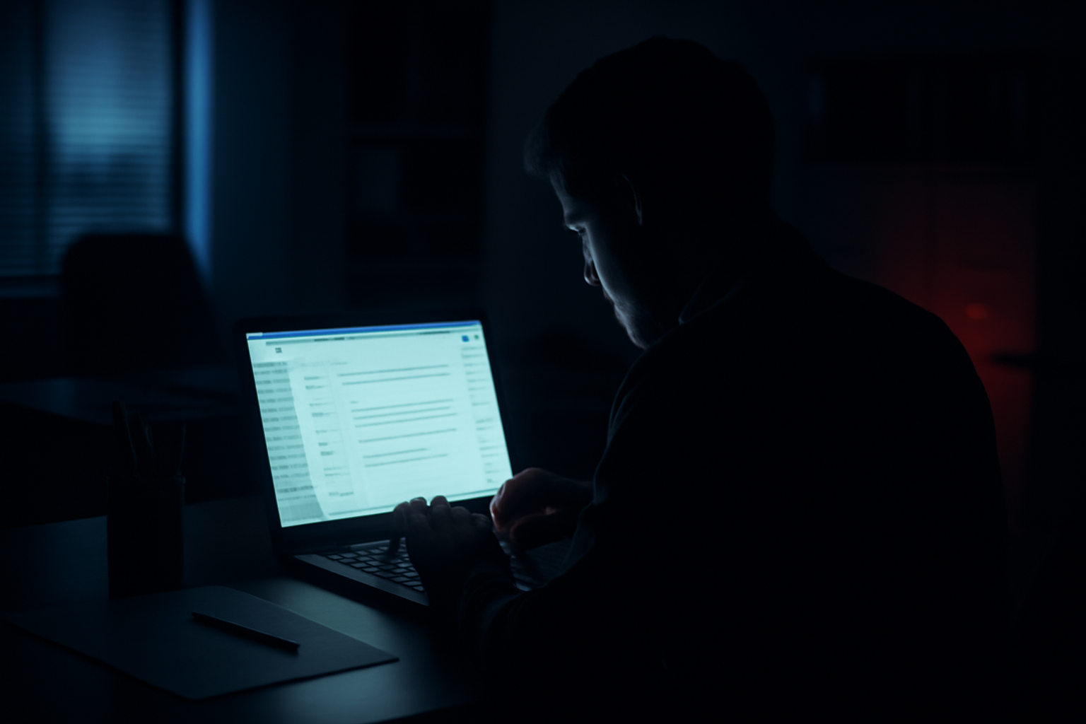 A darkened office workstation with an email inbox glowing on screen, suggesting a covert digital intrusion