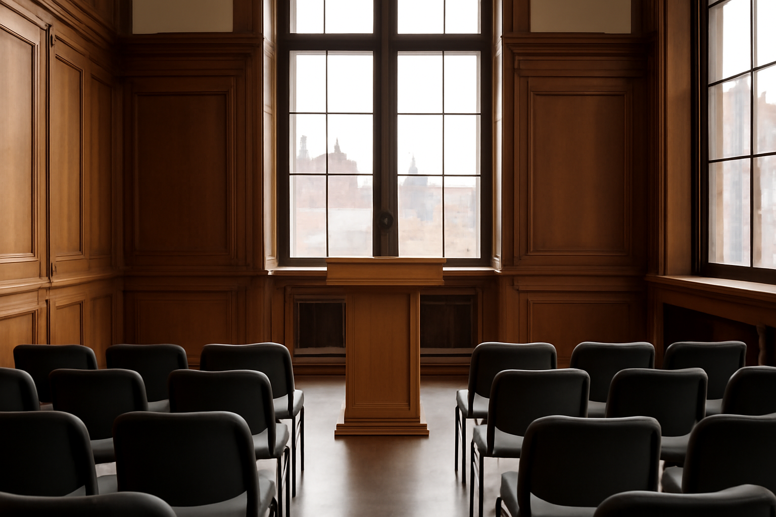 An empty wooden lectern and microphone set up in a formal academic hall ahead of a literary prize announcement