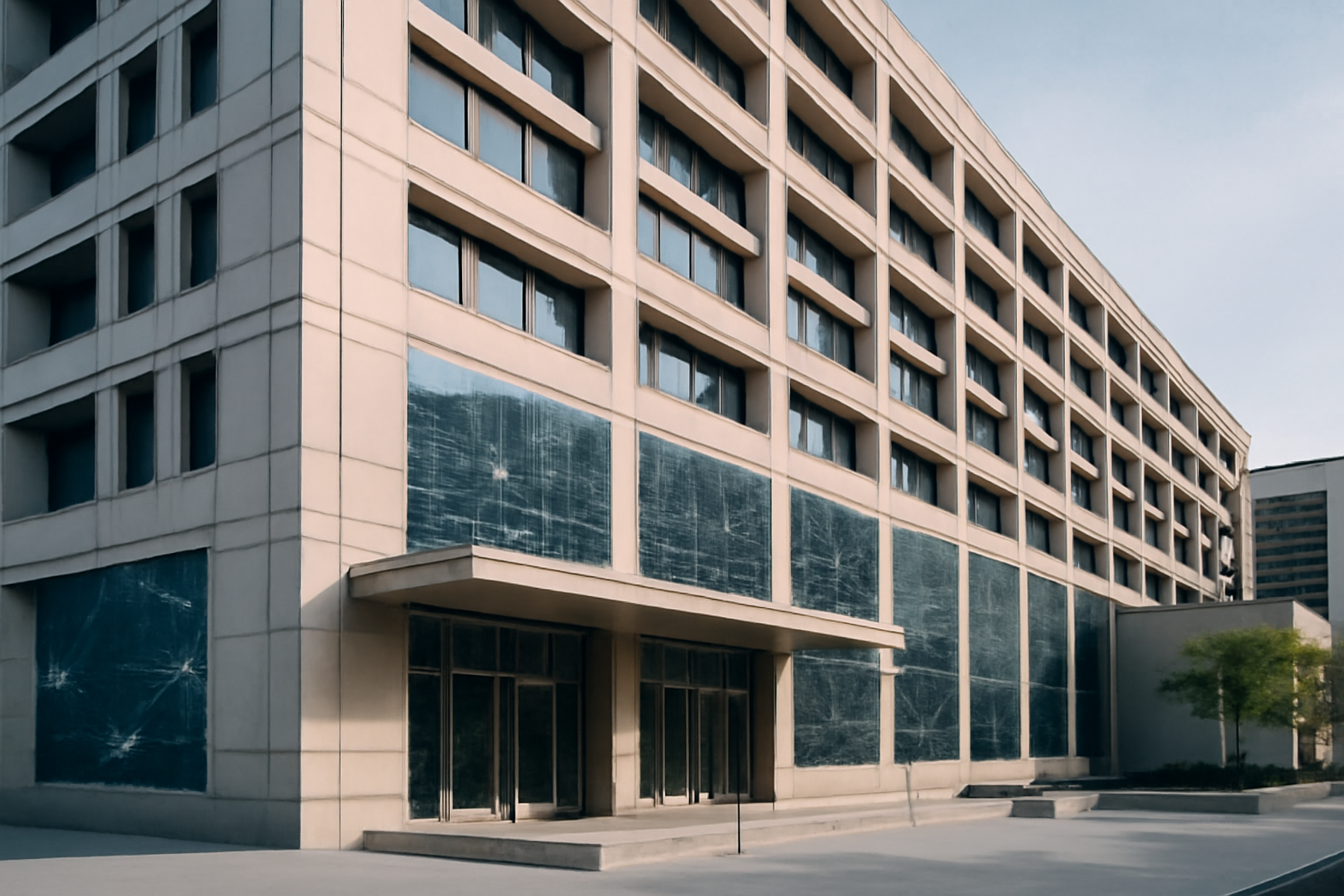 IMF headquarters building in Washington D.C. with digital circuit patterns overlaid on the facade