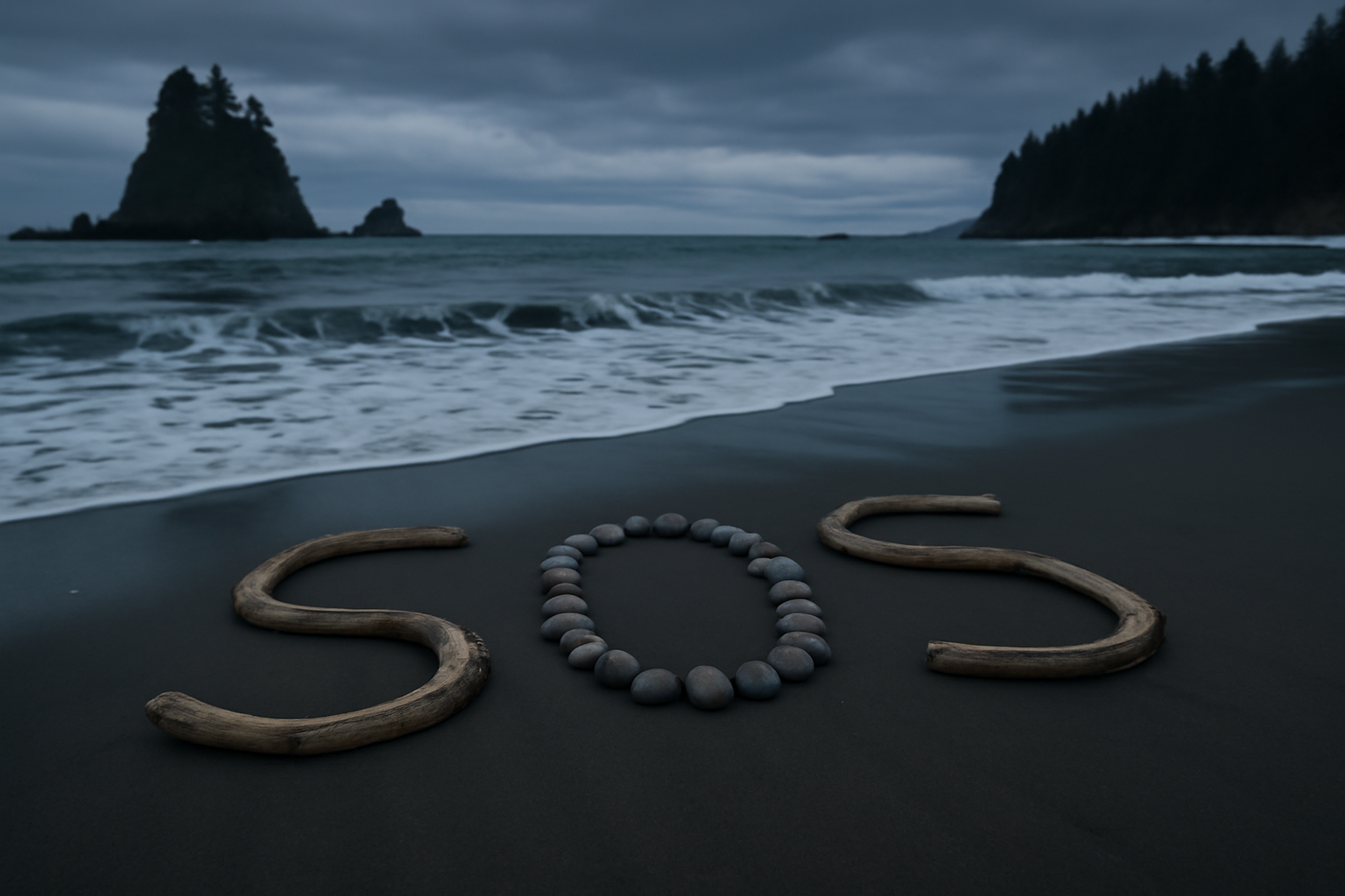 Large letters S, O, S formed from driftwood and rocks on a wide sandy beach with waves approaching