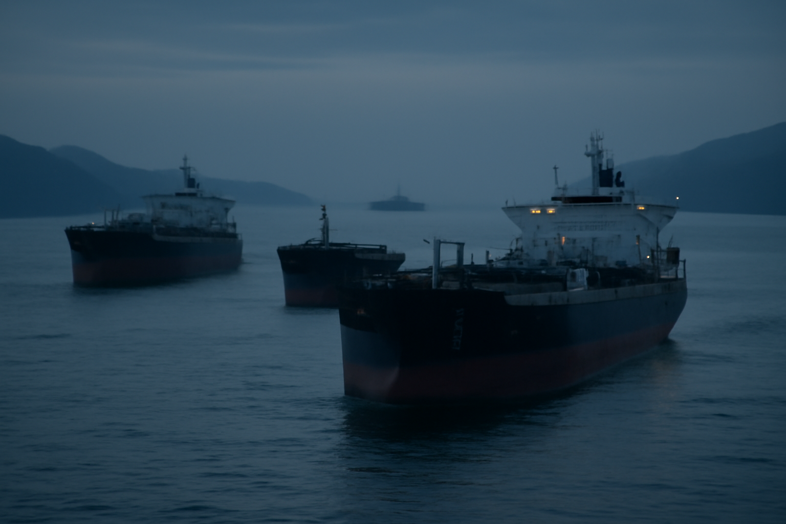 Cargo tankers queued near the Strait of Hormuz under a hazy sky
