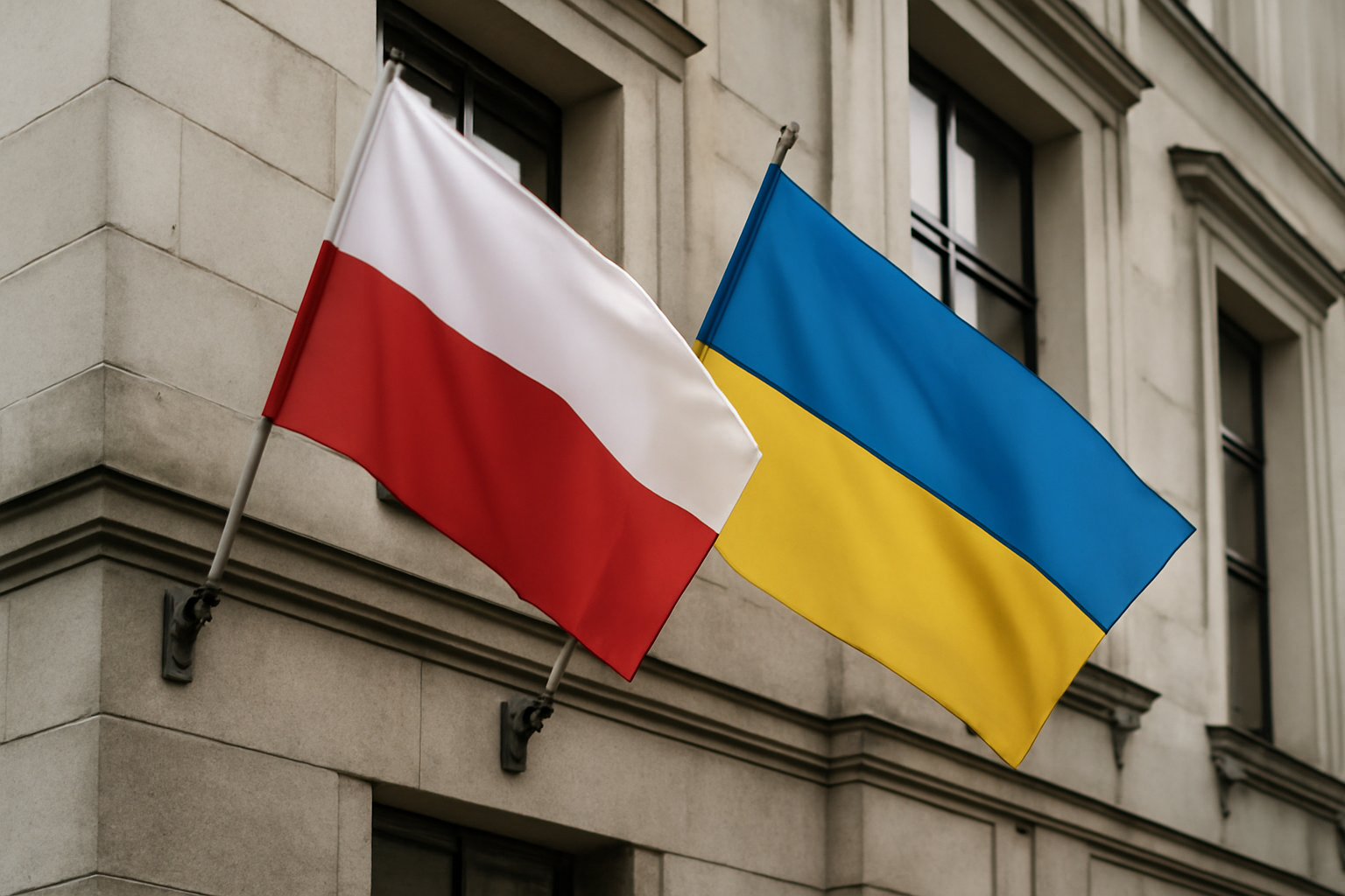 Polish and Ukrainian flags displayed together outside a government building in Warsaw