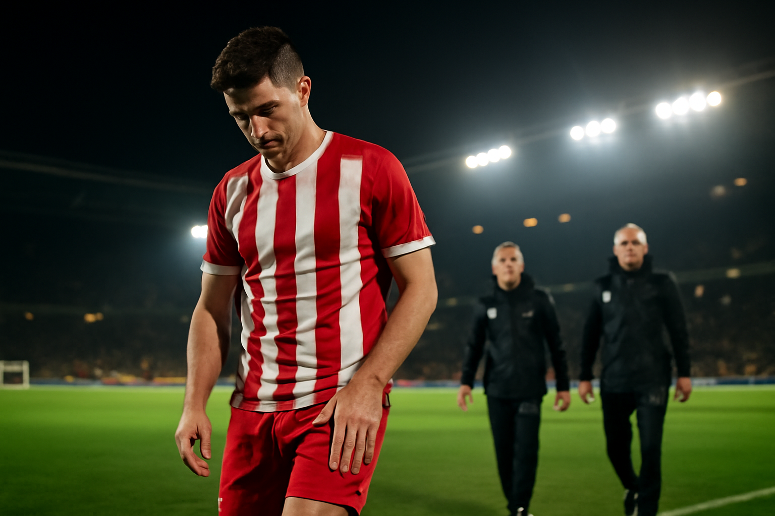 PSV Eindhoven forward in club training kit walking off a stadium pitch holding his leg