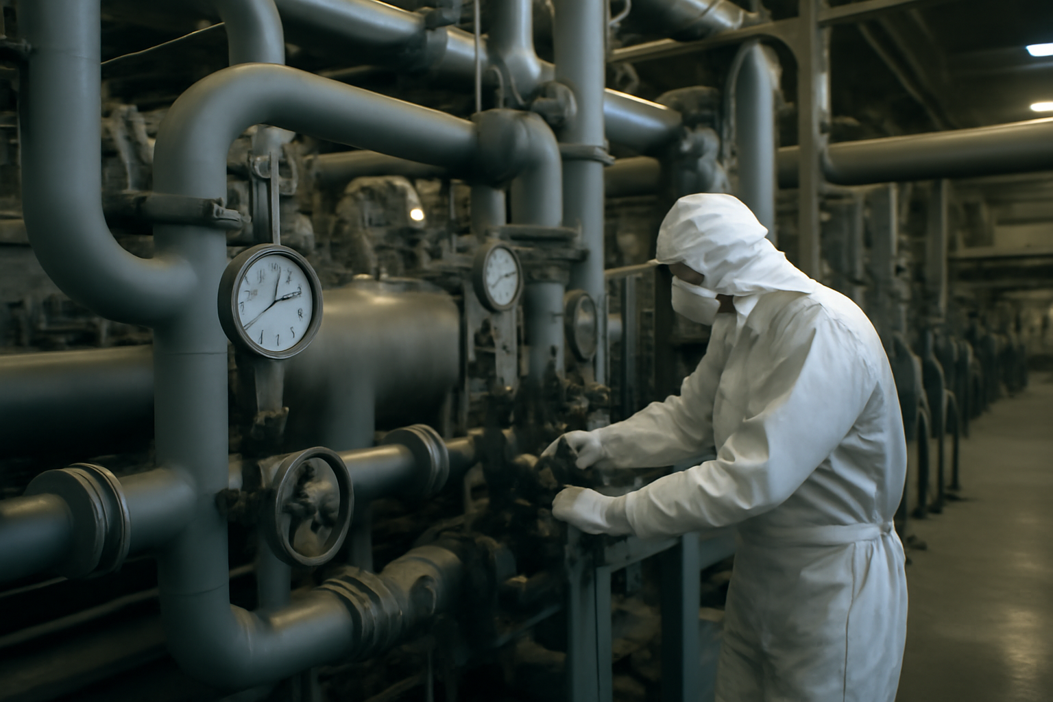 Technician in protective gear working inside a uranium conversion facility control room