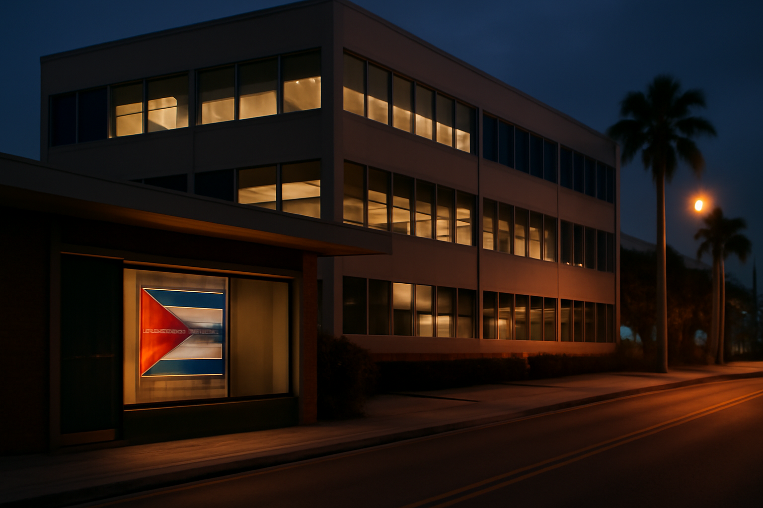 A Cuban flag hangs in the window of a Miami storefront at dusk near a quiet conference building.